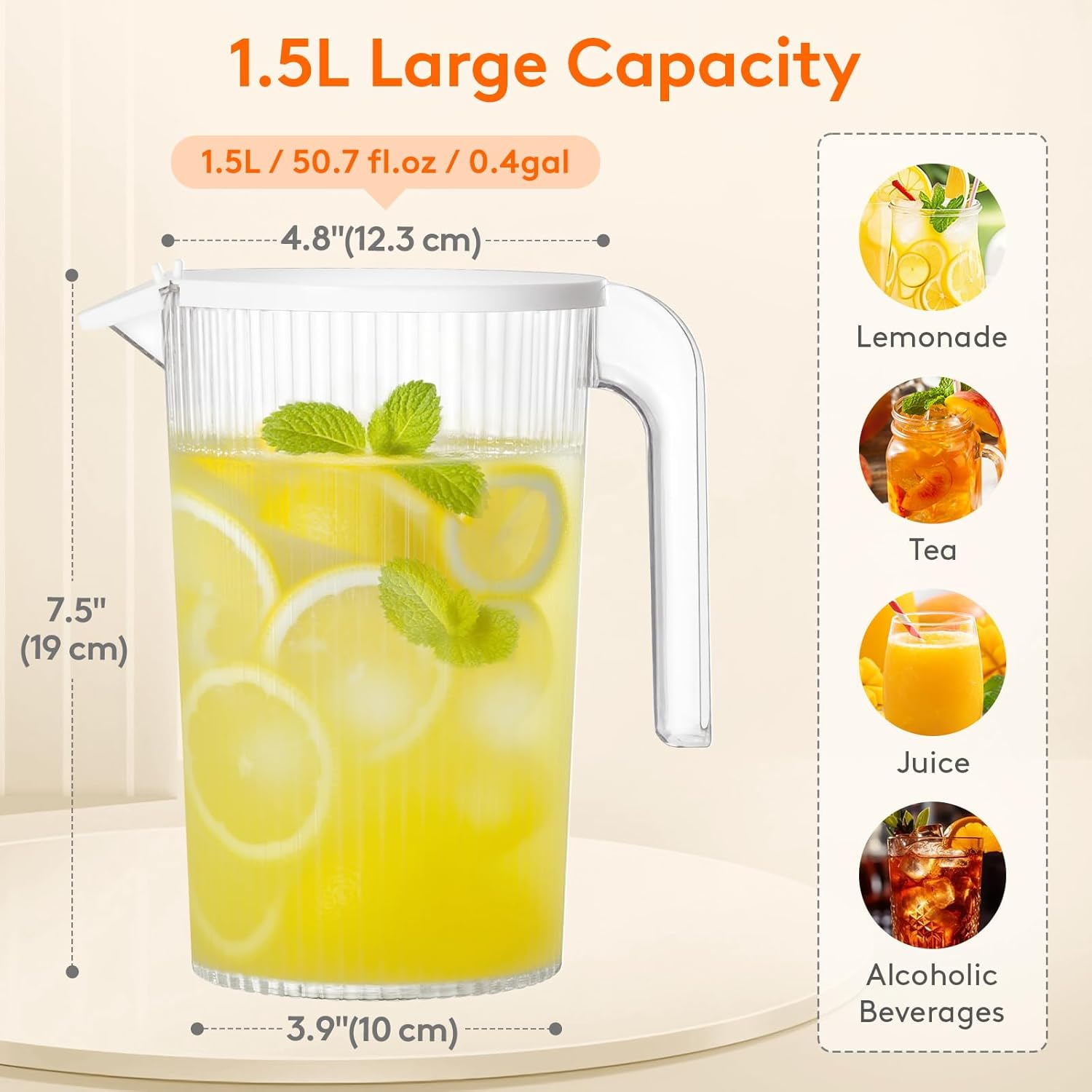 Lifewit Pitcher with Lid, 50 Oz Water Jug BAP Free Plastic, Containers Juice, Ice Tea, Drink, Lemonade Pitchers for Fridge, 2 Pack