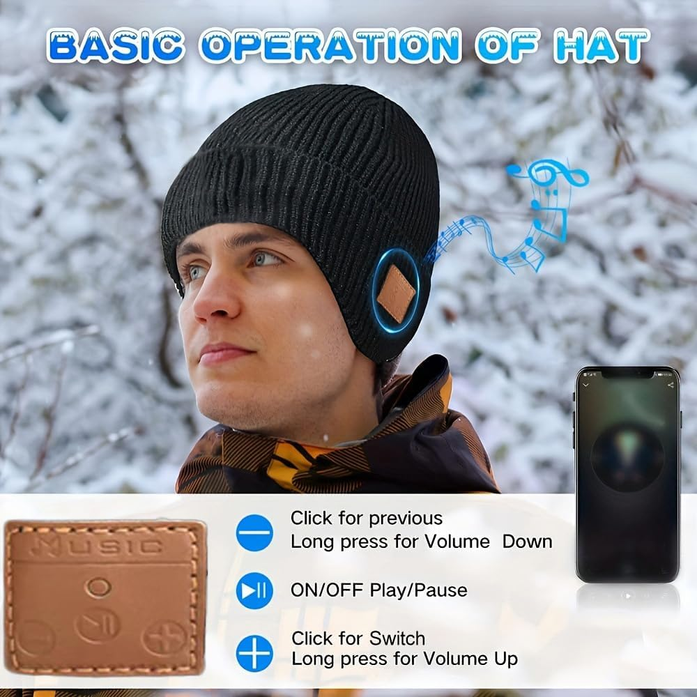 Lezhifeiwan Bluetooth Beanie Winter Hat with Built-In Wireless Headphones, Black, Music Controls, Warm Knit Cap for Sports and Outdoor Activities image number 2
