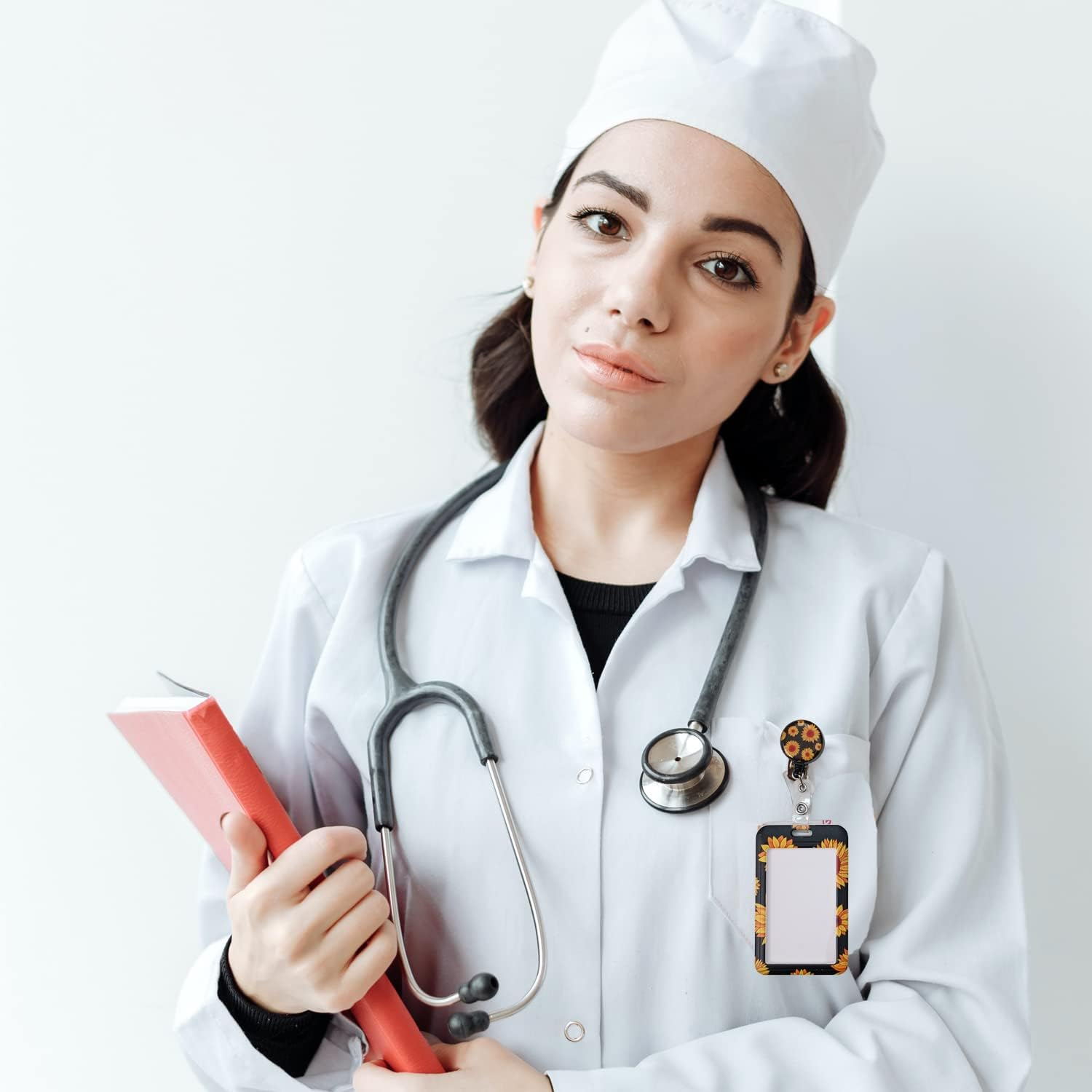 Badge Holder with Detachable Neck Lanyard Reel Clip, Retractable Vertical ID Card Holder Keychain Name Badge with Belt Clip, Work Office Nurse Medical Student Teacher Women Men Gifts (Sunflower)