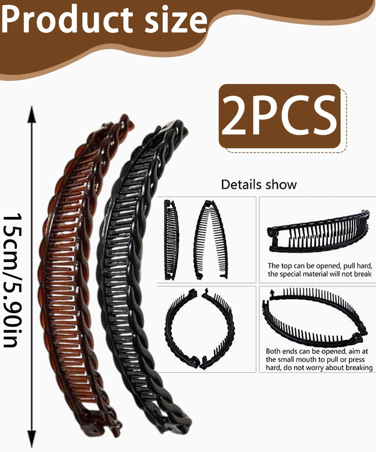 BPTRKOM Set of 2 Banana Clip Hair Clips for Women - Invisible Hair Clip for Long Hair with Extra Hold - Hair Accessories Clips in Black Brown - Skin-Friendly Plastic for Everyday and Evening Look