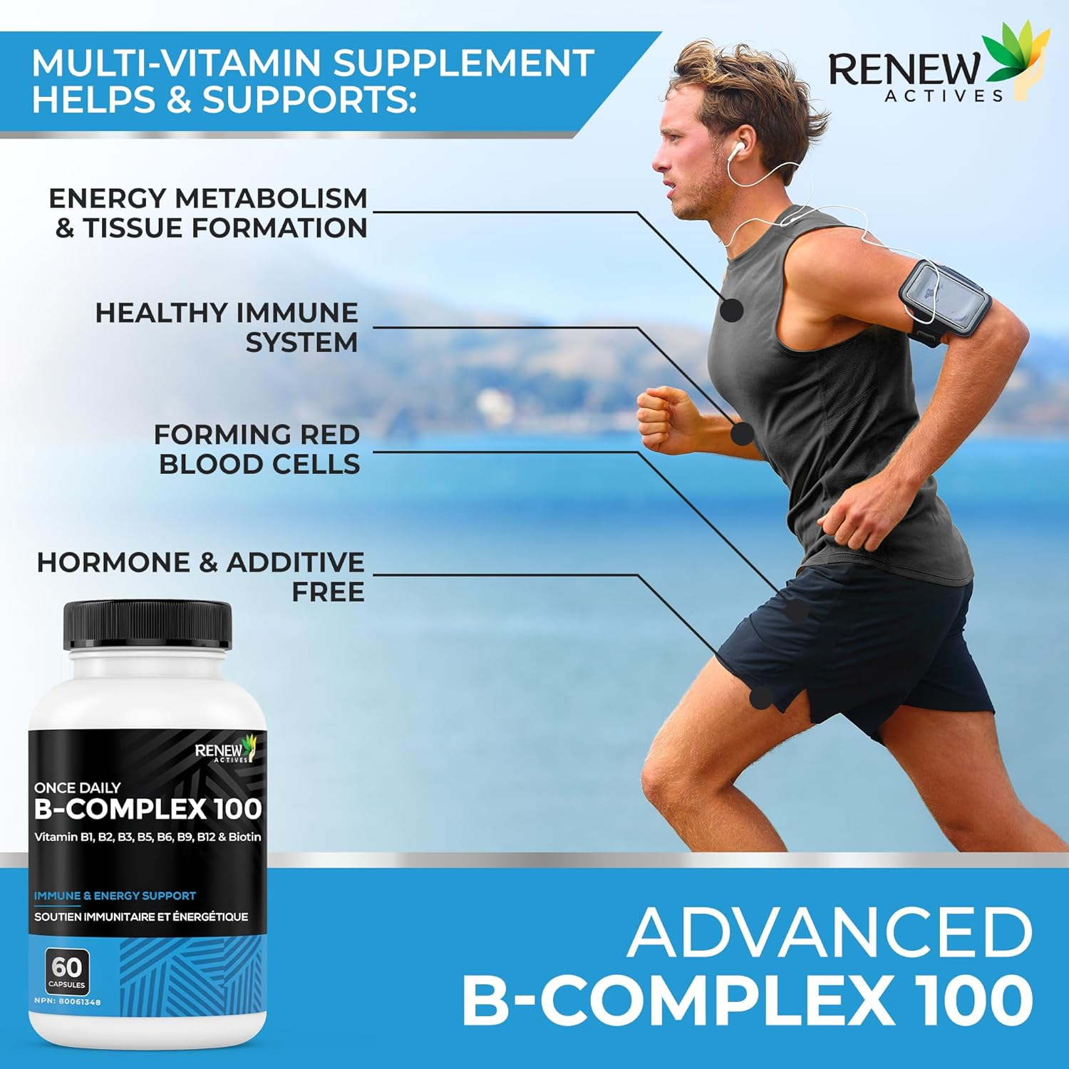 Renew Actives Vitamin B Complex 100 &ndash; 60-Capsule Advanced B Complex Dietary Supplement for Men and Women &ndash; 100% of B1, B2, B3, B5, B-6, B-12! &ndash; Vegan-Friendly Capsules image number 5