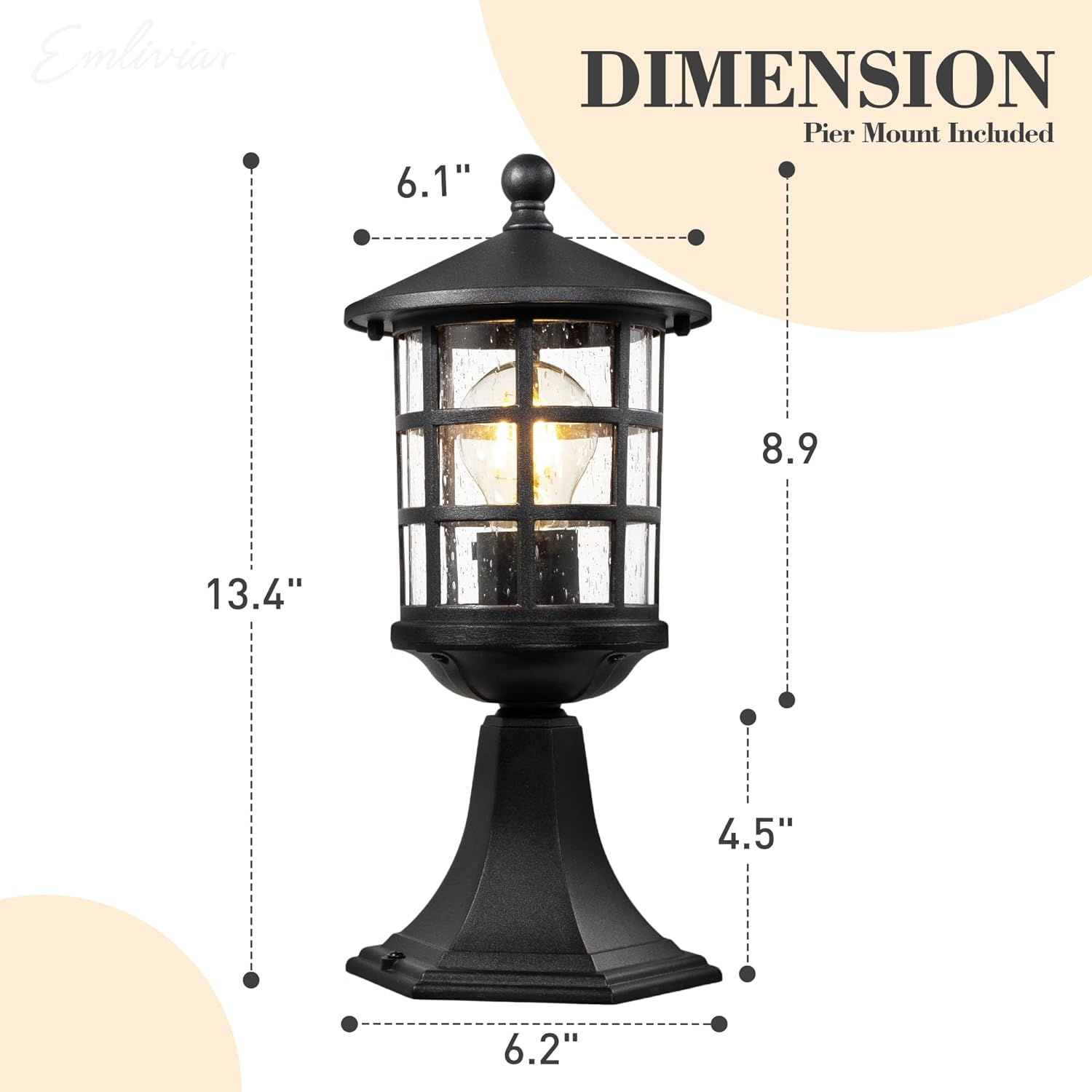 EMLIVIAR Outdoor Post Lantern, Modern Exterior Lamp Post Light Pole, 13.4 Inch Aluminum with Seeded Glass, Black Finish, AUXE222P BK image number 4
