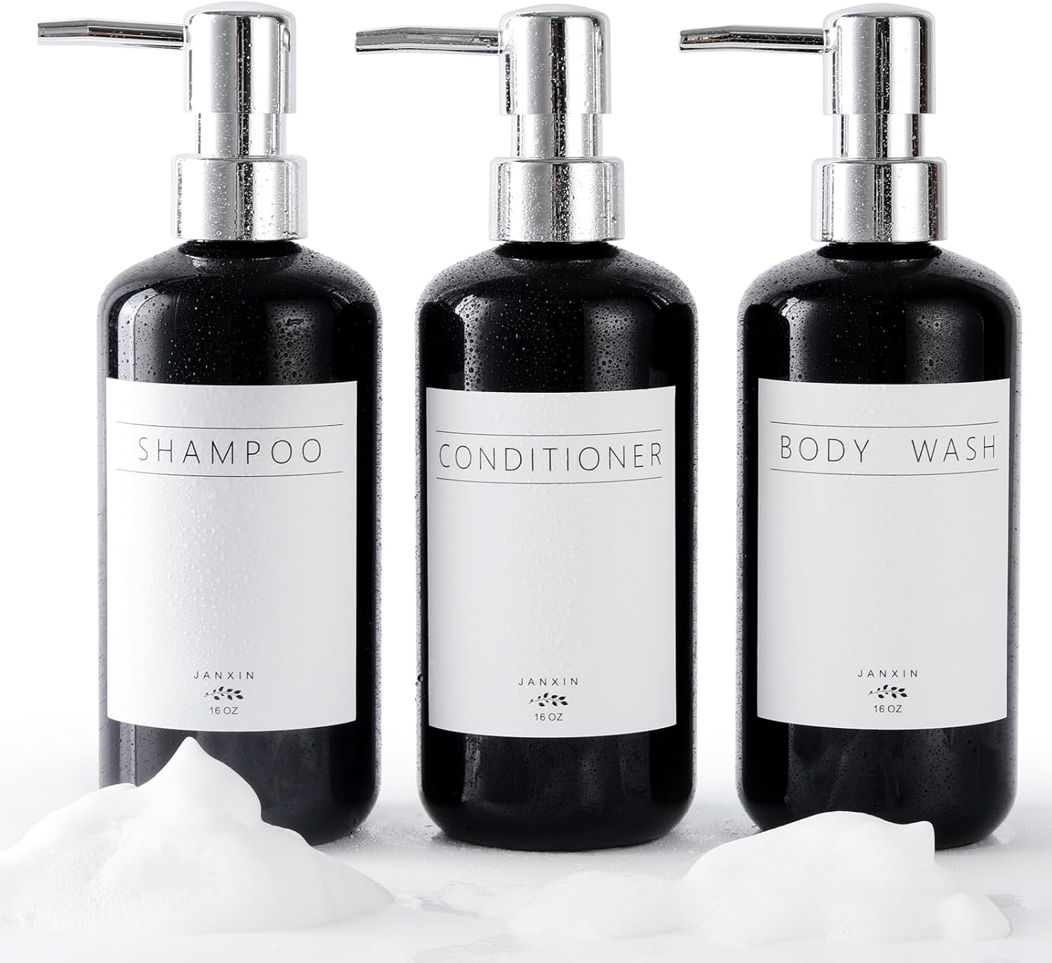 Janxin Shampoo and Conditioner Dispenser Set of 3,Modern Refillable 16Oz Shampoo and Conditioner Bottles with Pump,Stylish Shower Soap Dispenser with Waterproof Labels for Bathroom(Clear)
