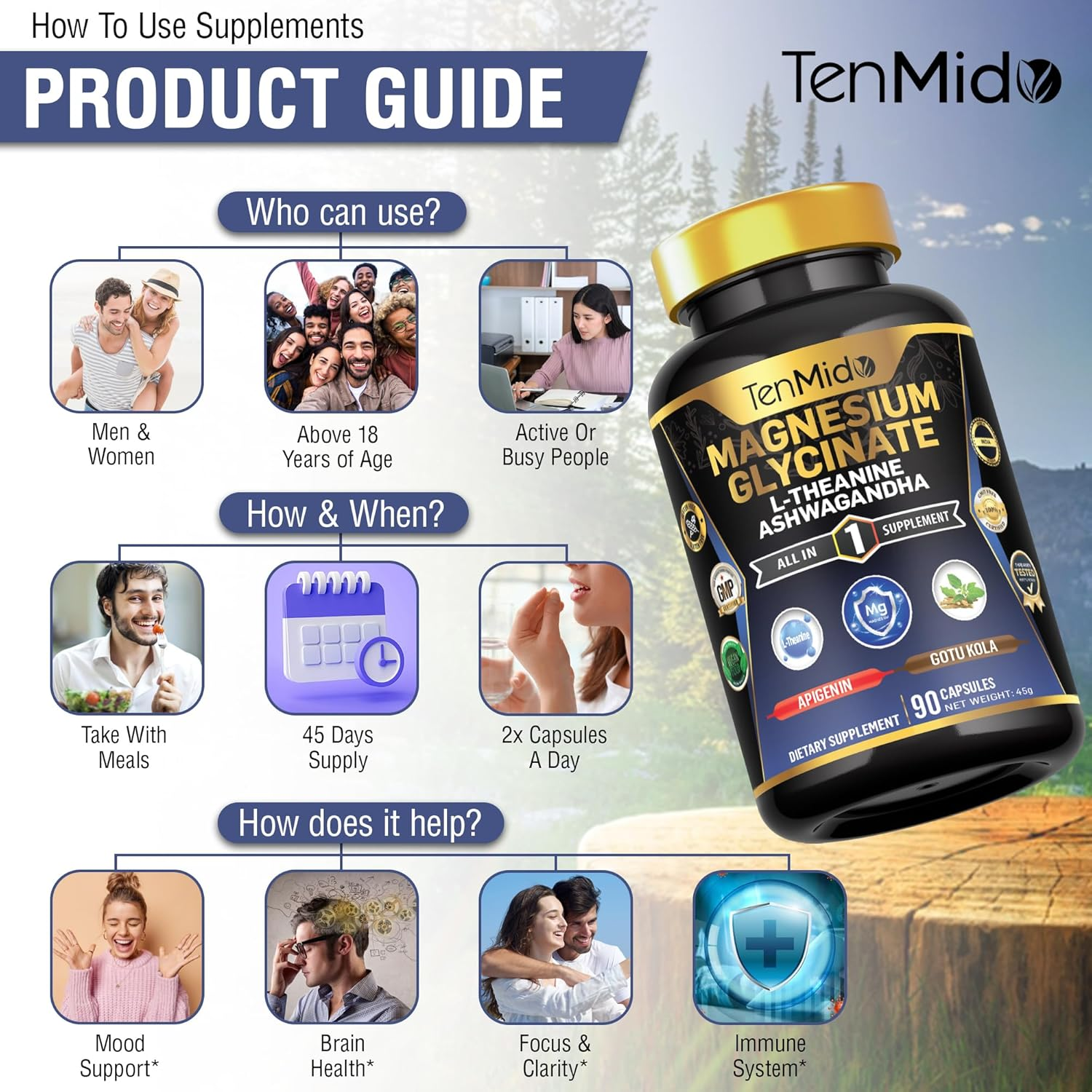 Tenmido Magnesium Glycinate Supplement - 6In1 with Ashwagandha, L-Theanine, Apigenin, Gotu Kola, and Black Pepper - 90 Vegan & Non-Gmo Capsules image number 3
