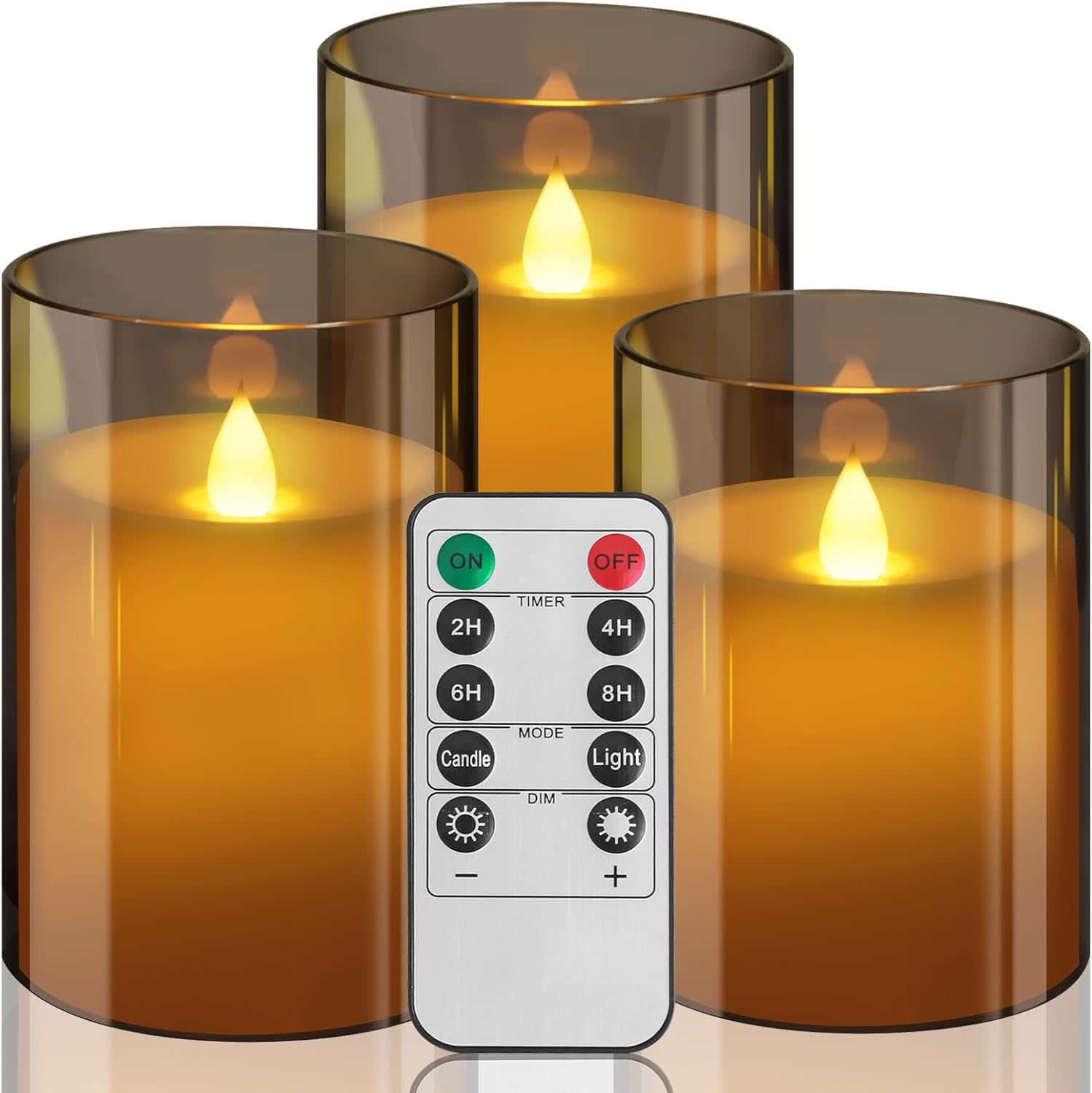 Neween Flickering Flameless Candles Set of 3, 3D Moving Wick Acrylic Battery Operated LED Pillar Candles with Remote and Timer for Christmas Halloween Valentine Party Decor (Clear, D3 H4 5" 6")