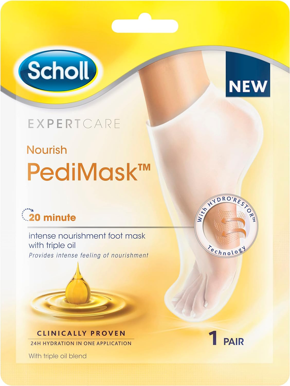 Scholl Expert Care Nourish Triple Oil Blend Pedi Mask Moisturizing Foot Treatment with Essential Oils, Pack of 1