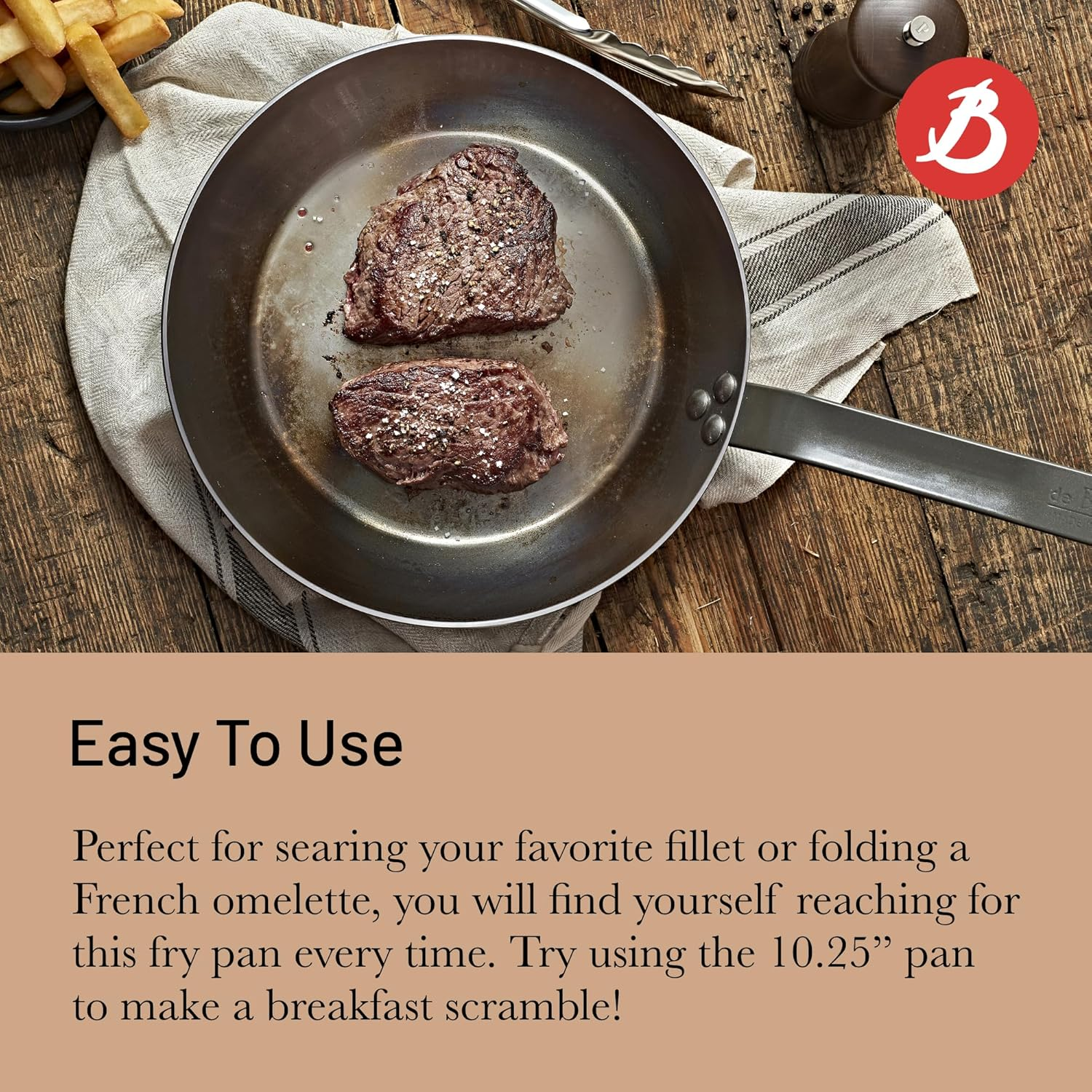 De Buyer Mineral B Carbon Steel Fry Pan - 10.25&rdquo; - Ideal for Searing, Sauteing & Reheating - Naturally Nonstick - Made in France image number 4