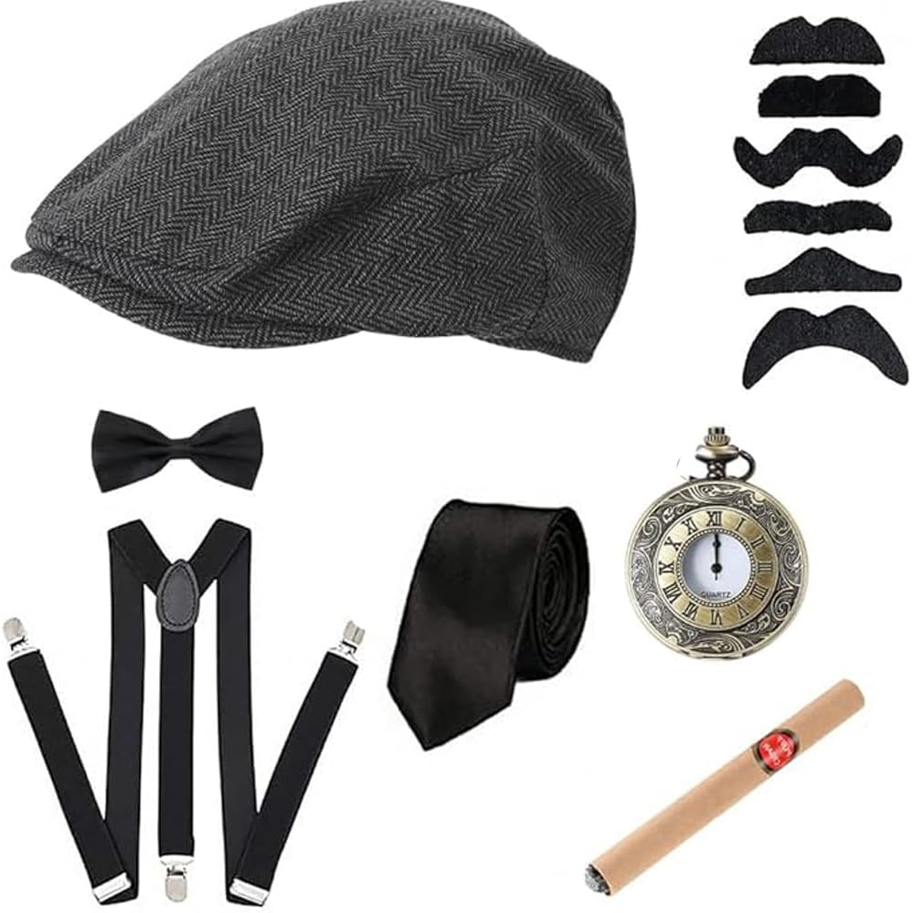 WOTOW 1920S Men&rsquo;S Costumes, Roaring 20S Gatsby Costumes Accessories for Men with Hat Bow Tie Goggles Holder Suspender Mustaches Pocket Watch image number 5