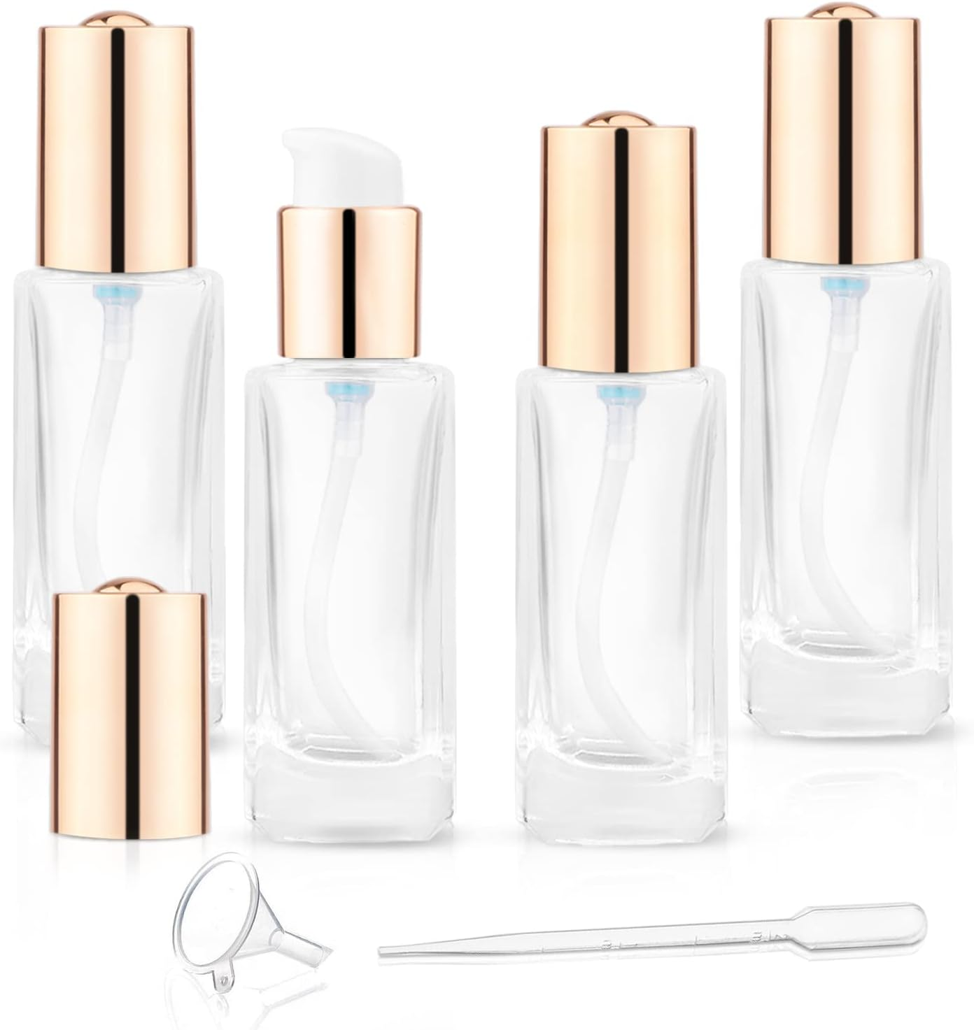 4 Pack 30Ml/1Oz Clear Glass Pump Bottle Empty Square Lotion Foundation Container Refillable Cosmetic Dispenser with Press Pump for Essence Emulsion Cleanser Body Cream - Golden Lid image number 2