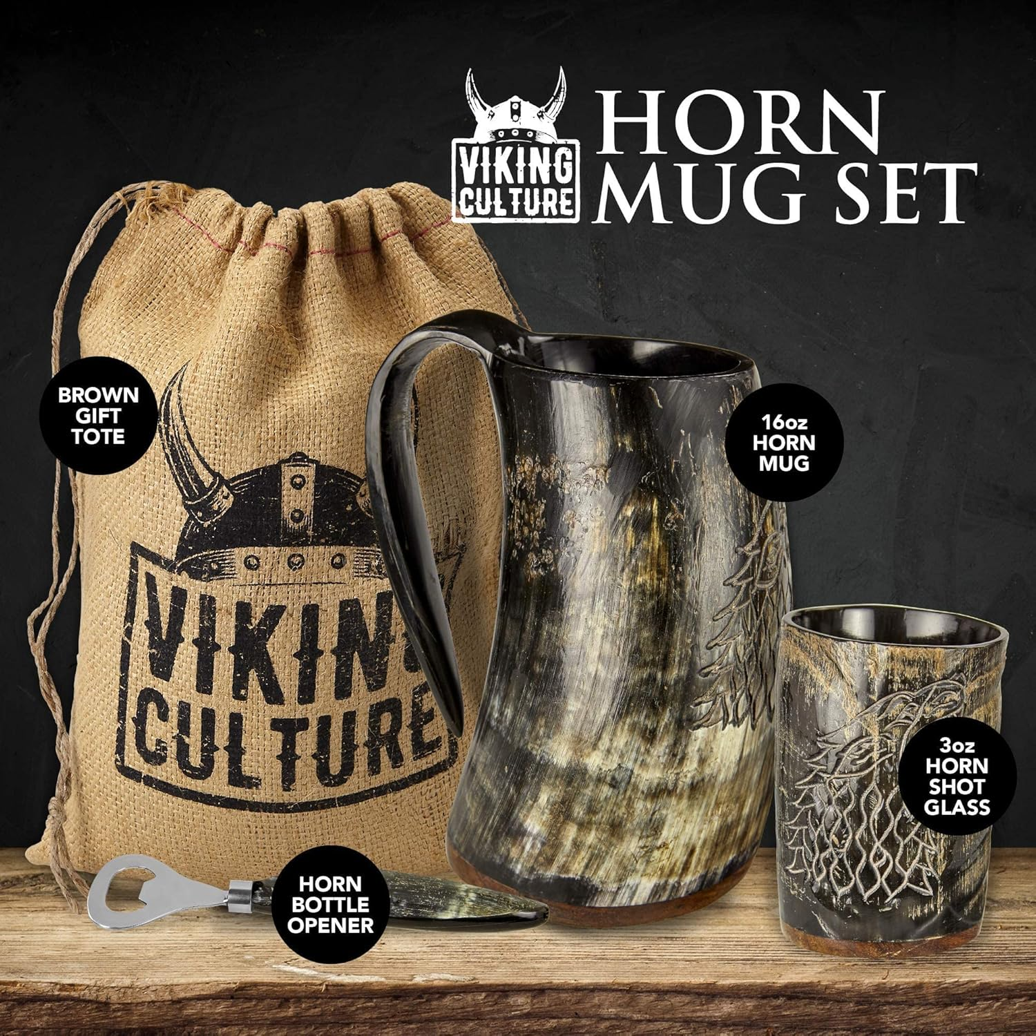 Viking Culture Ox Horn Mug, Shot Glass, and Bottle Opener (3 Pc. Set) Authentic 16-Oz. Ale, Mead, and Beer Tankard | Vintage Stein with Handle | Custom Intricate Design - Natural Finish - Natural | Direwolf/Fenrir image number 4
