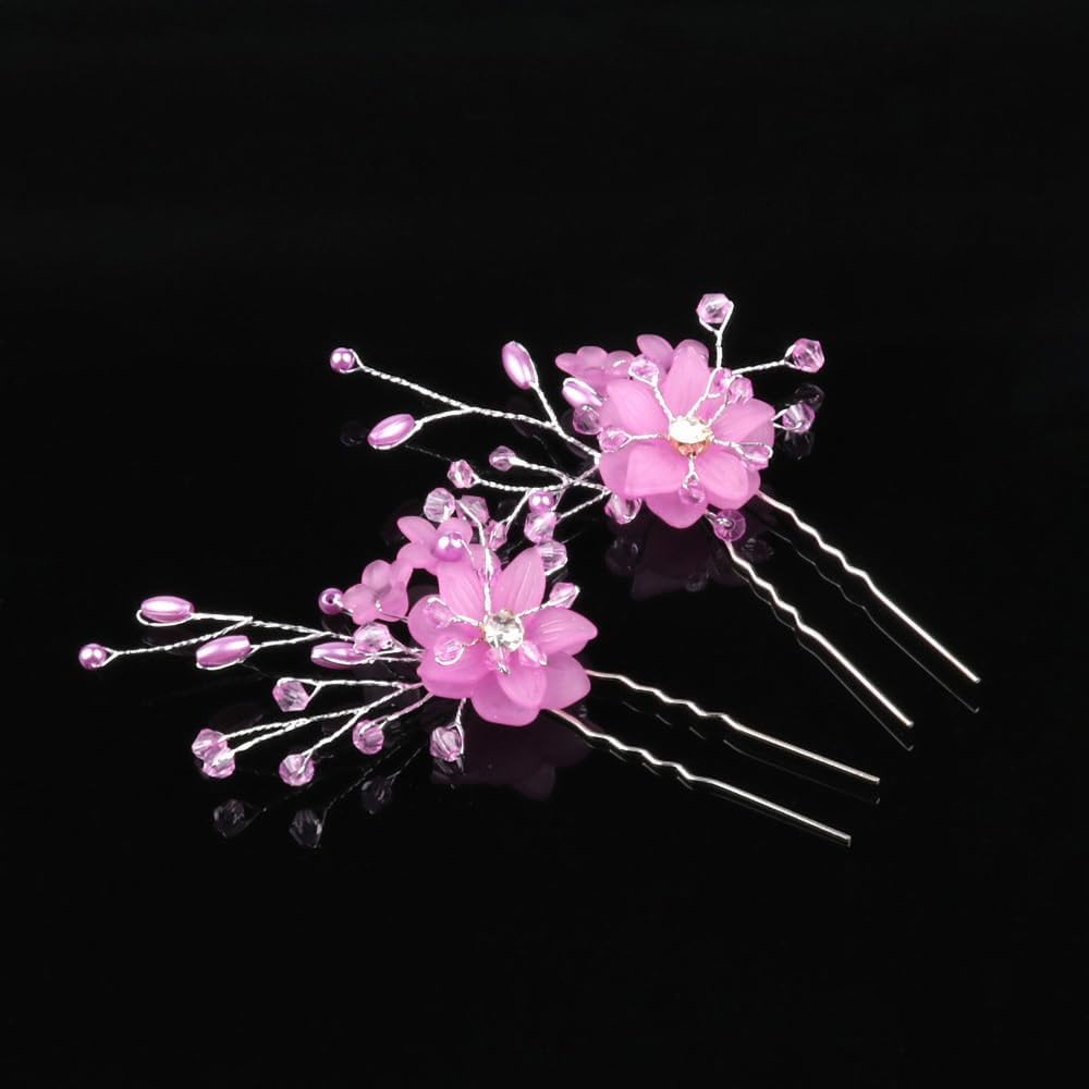 2X Bridal Wedding Flower Clips Hair Pins Bridesmaid Crystal Hair Pearls Accessories Purple - Blue X2 image number 2