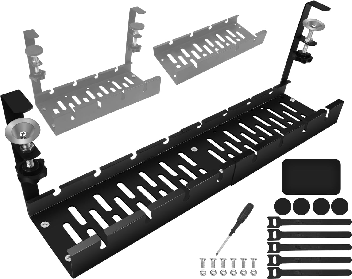 Extendable under Desk Cable Management Tray,11-21Inch Expandable Non-Drilled Metal Cable Management Tray with Desk Clamp,Cable Management Rack for Home Office Vertical Desk