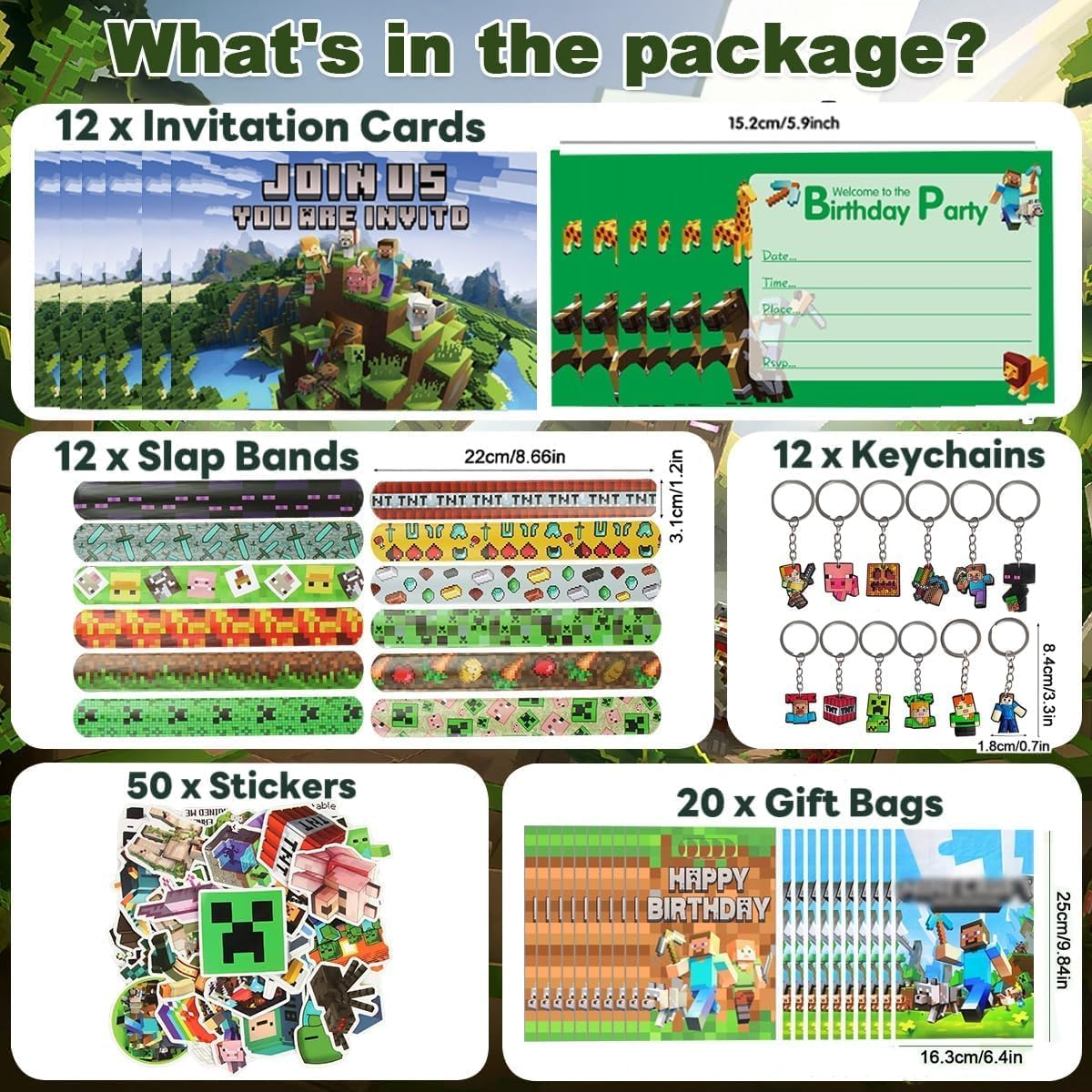 106 PCS Gaming Party Bag Fillers, Miner Party Favours, Miner Party Bag Filler Set with Keychain Slap Bands Party Bags Stickers Invitations Cards, Birthday Party Supplies for Kids image number 4