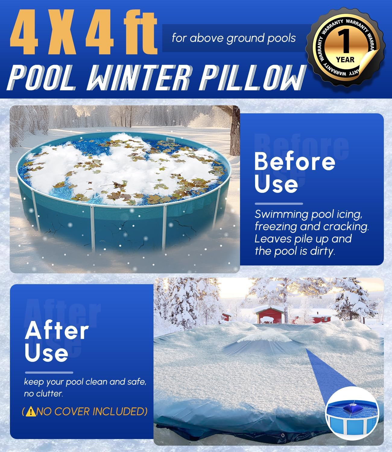 4&rsquo;X4&rsquo; Heavy-Duty Pool Pillow with 4X20Ft Ropes - 0.4Mm Thick PVC Pool Pillows for Winter with Boston Dual-Inflation Valve, Cold-Resistant Pool Pillows for above Ground Pools, No Leakage image number 5