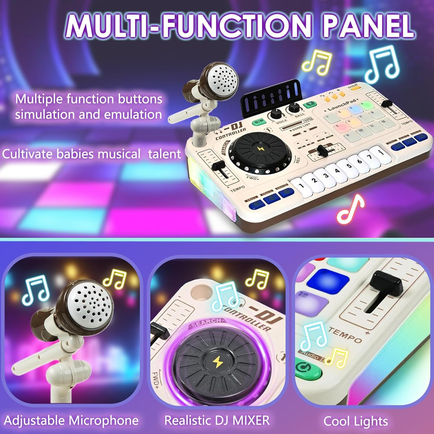 DJ Toy Set for Kids, Toddler Musical DJ Mixer Toys with Lights Sounds & Bluetooth-Enabled, Multi-Functional Musical Instrument, Best Gift for Ages 4+ (White) image number 4