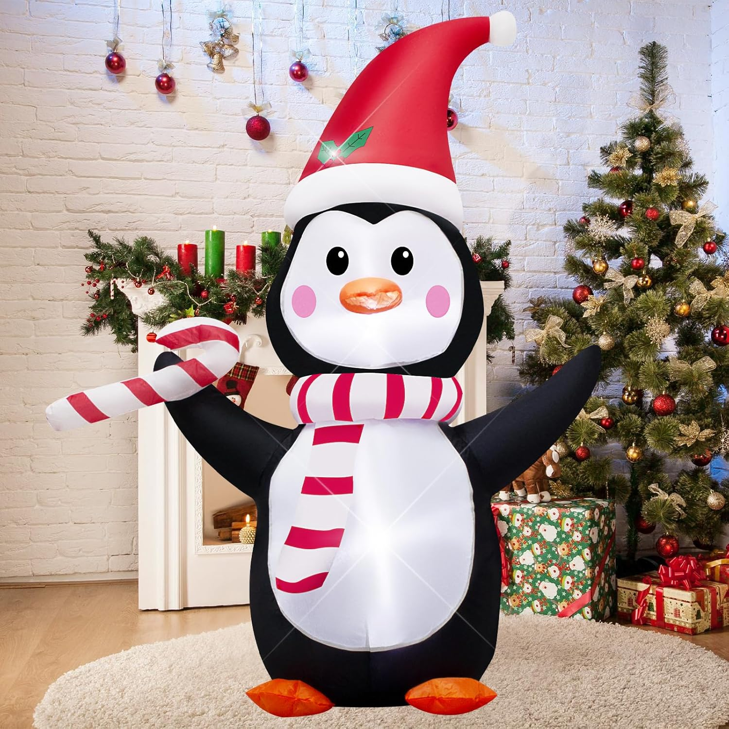 AJY 4FT Christmas Inflatable Penguin with Candy LED Lights for Xmas Blow up Indoor Outdoor Yard Lawn Decoration, Cute Fun Holiday/Christmas/Party/Yard/Garden Fantasy Party Display image number 1