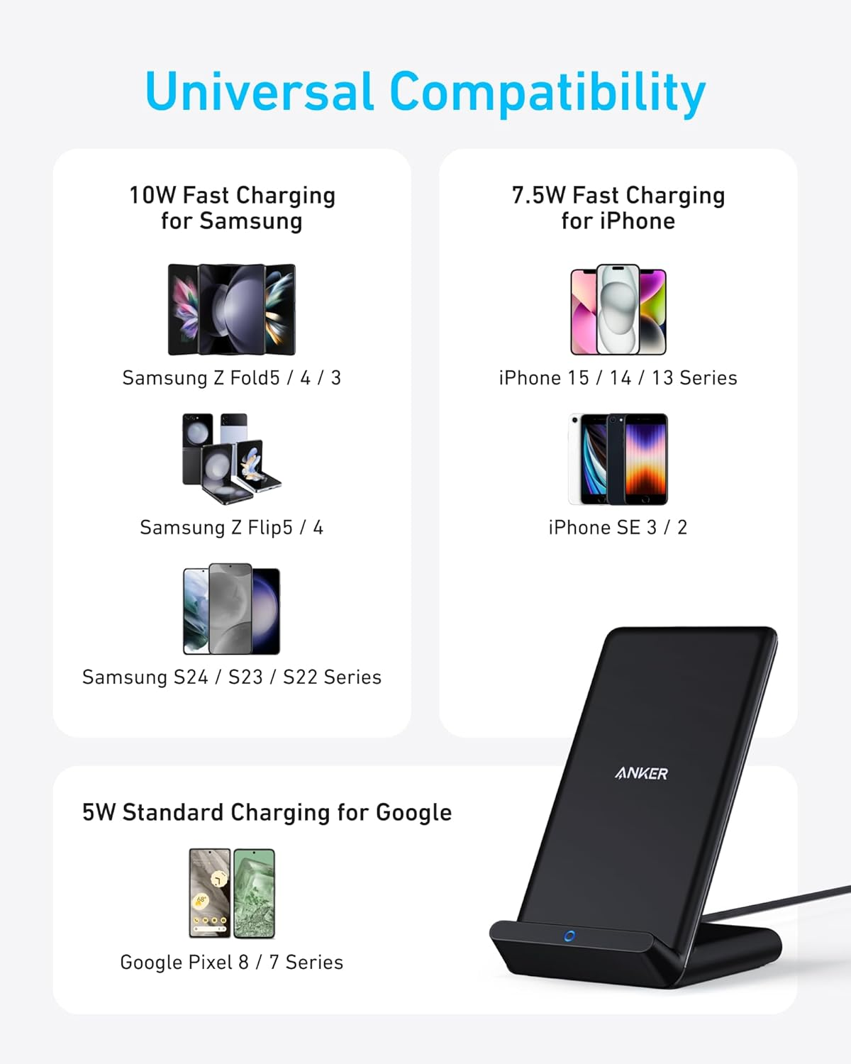 Anker Wireless Charger, Powerwave Stand, Qi-Certified for Iphone 12, 12 Mini, SE, 11, 11 Pro, XR, Xs Max, 10W Fast-Charging Galaxy S20 S10 S9 S8, Note 10 (No AC Adapter) image number 3