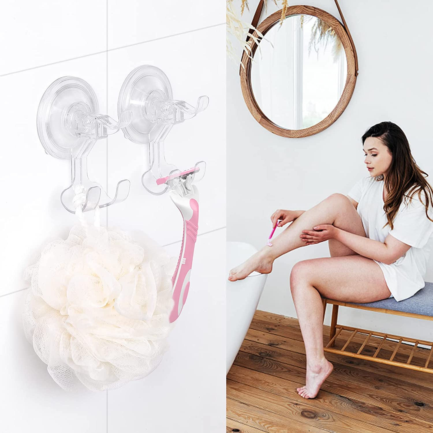 LUXEAR Shower Suction Hooks, 2 Pack Suction Hooks Removable and Reusable Razor Hook for Shower Waterproof Powerful Vacuum Suction Cup Hook Holder for Towel Bathrobe Loofah Hooks for Bathroom & Kitchen image number 4