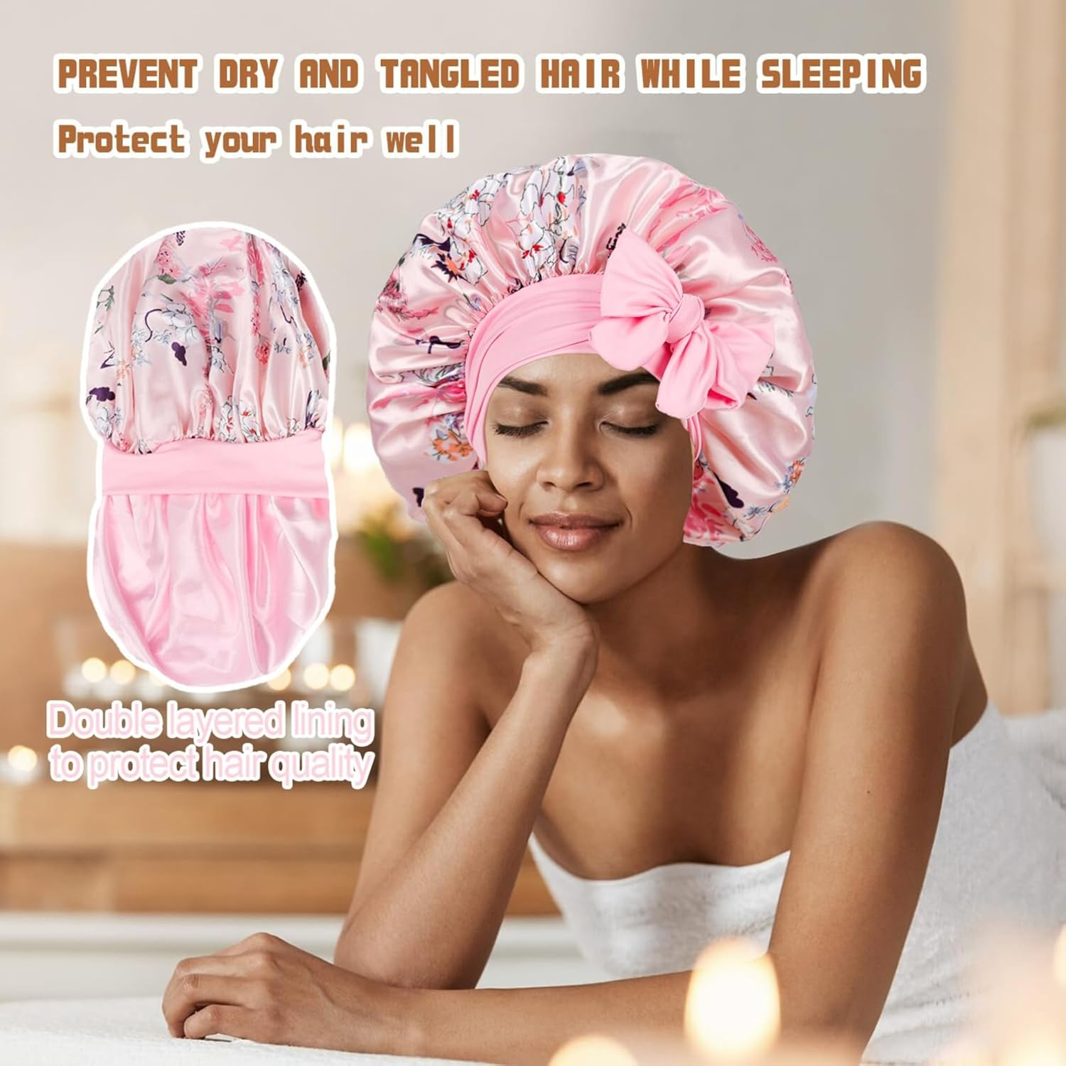 Silk Hair Bonnet for Sleeping, Double Layer Slip Silk Bonnet for Curly Hair, Breathable & Secure Fit image number 4