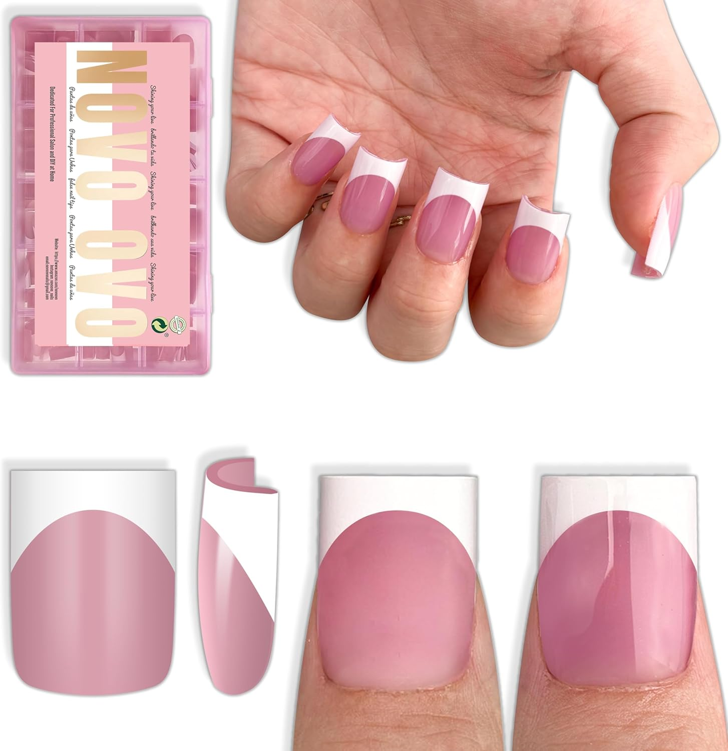NOVO OVO Short Sharp Square White French Tip Nail Tips Press on BERRY PINK, Need Builder Gel Top Coat Nail Glue,Soft Gel Fake Nail Extension, Full Cover False Nails for Salon DIY X15 Sizes 240 Pcs image number 4