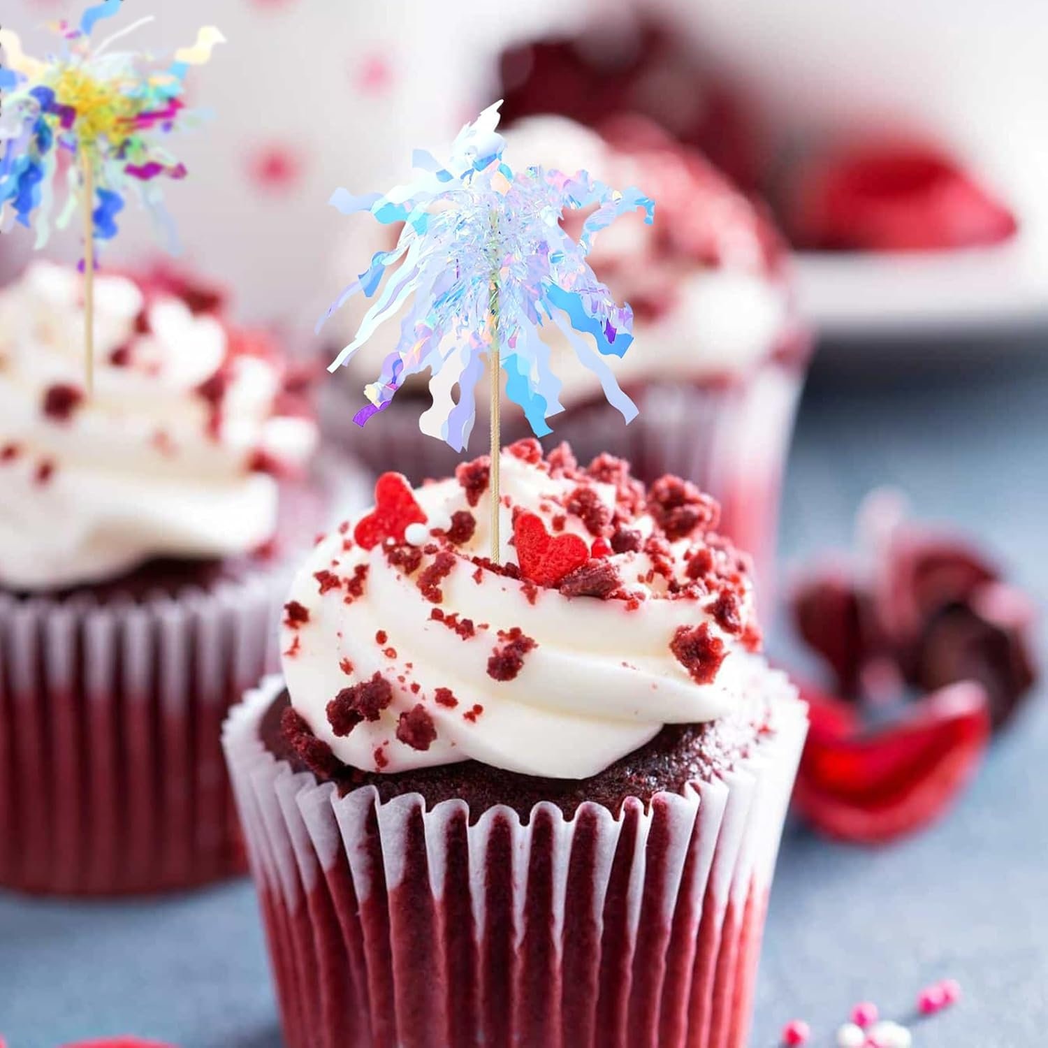 40 Pieces Colorful Firework Cupcake Toppers, Sparkle Tinsel Birthday Cake Decorations, Foil Frill Toothpicks for Christmas Wedding Party Graduation Ceremony Decor (Style 2)