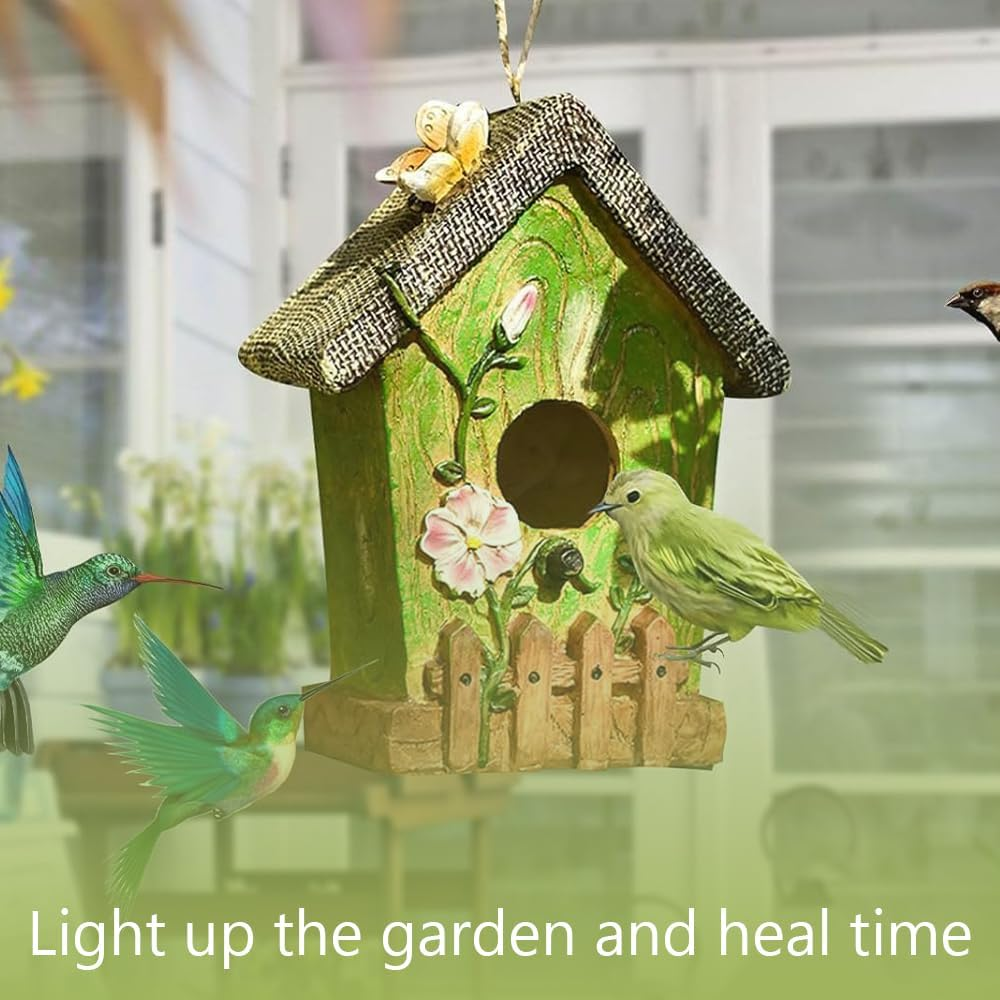 Birdhouse Decoration,Hanging Bird House,Bird Nest Box,Resin Animal House, for Garden, Courtyard, and Outdoor Decor,With Ladybug and Butterfly Statue for Yard Porch Decoration,Green image number 1