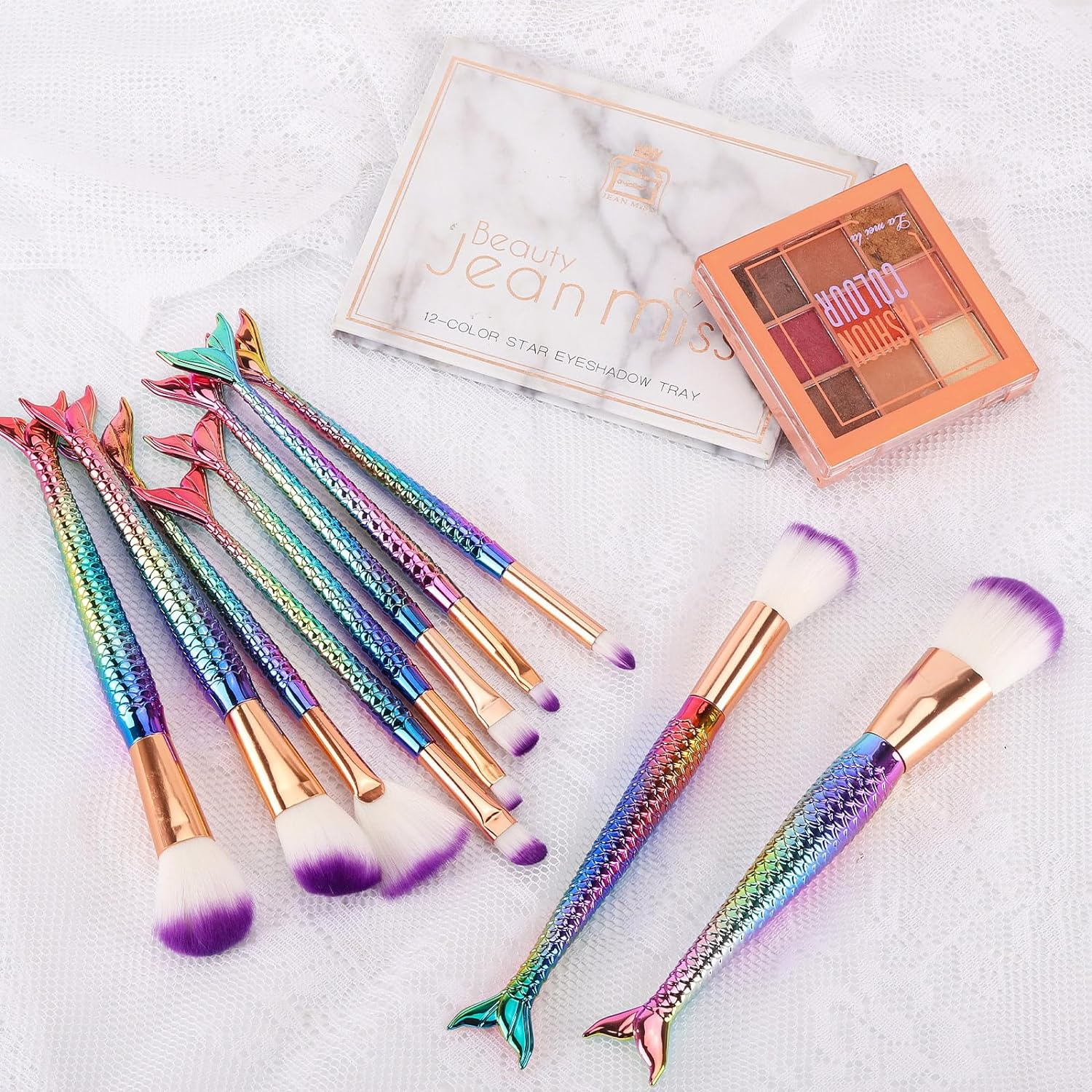 10 Pcs Mermaid Makeup Brushes, Premium Synthetic Foundation Powder Concealers Eye Shadows Blush Makeup Brush Set image number 4