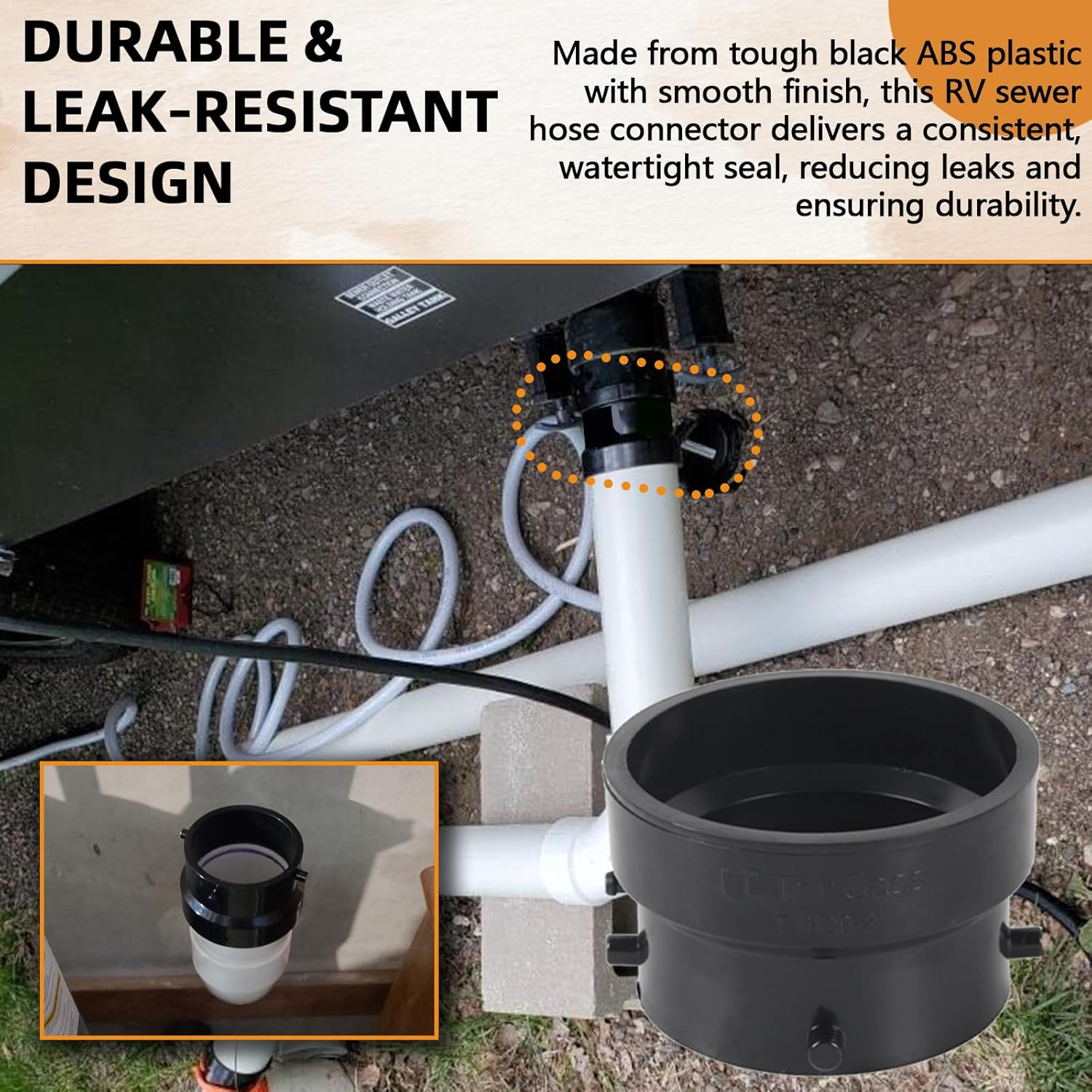 Tongass T1029-2 RV Sewer Termination Adapter - 3" Hub X 3" Bayonet, RV Sewer Hose Termination Adapter with Thread Seal Tape, Camper Sewers Terminations Adapters to 3" PVC - Black image number 3
