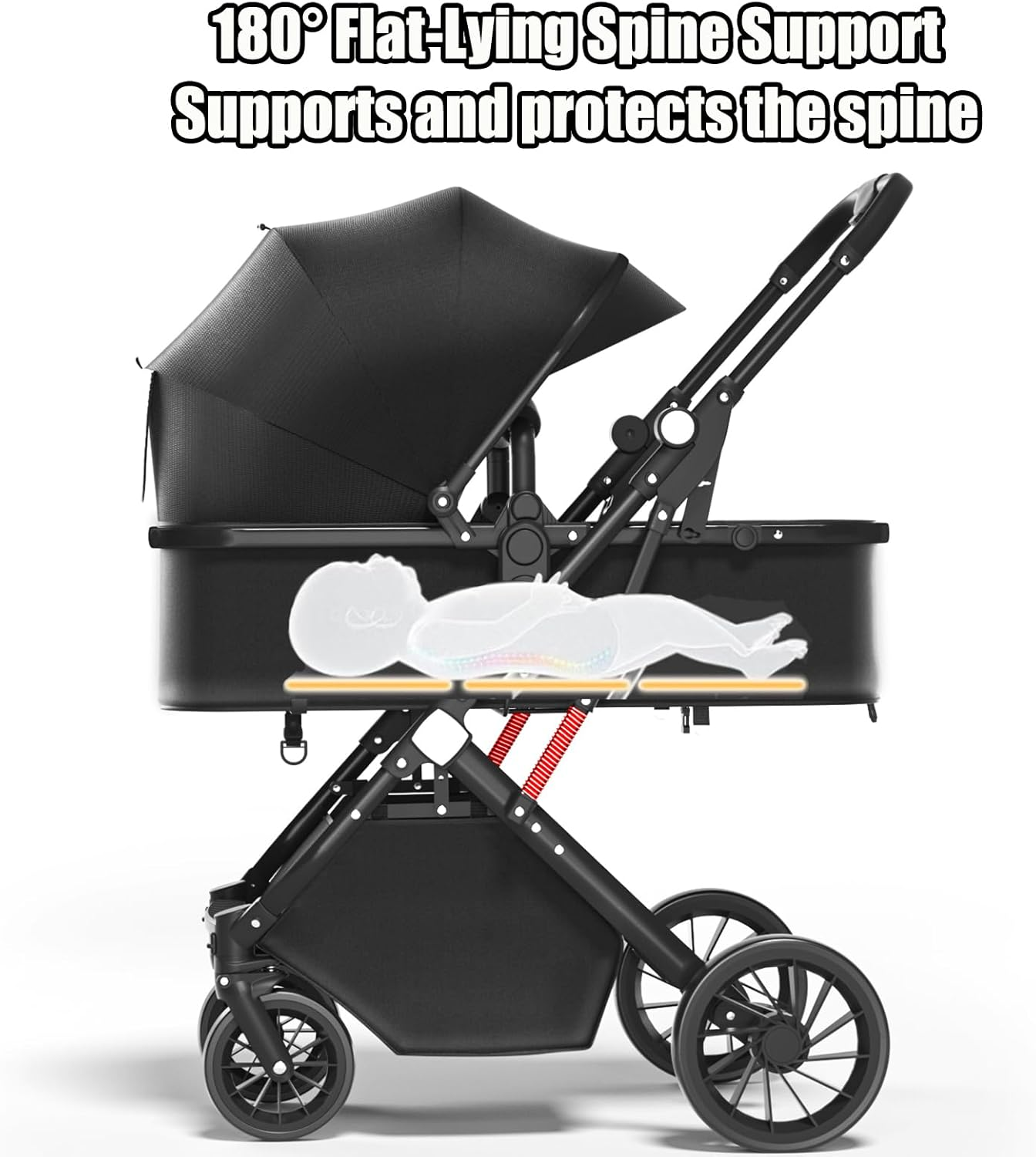 3In1 Aluminium Alloy Pram Baby Stroller, Lightweight Travel Pram for Newborn to Toddler, Adjustable Reclining Seat, Foldable Design, Storage Basket, 5-Point Harness & Sun Canopy, Lightweight Travel Baby Trolley image number 2