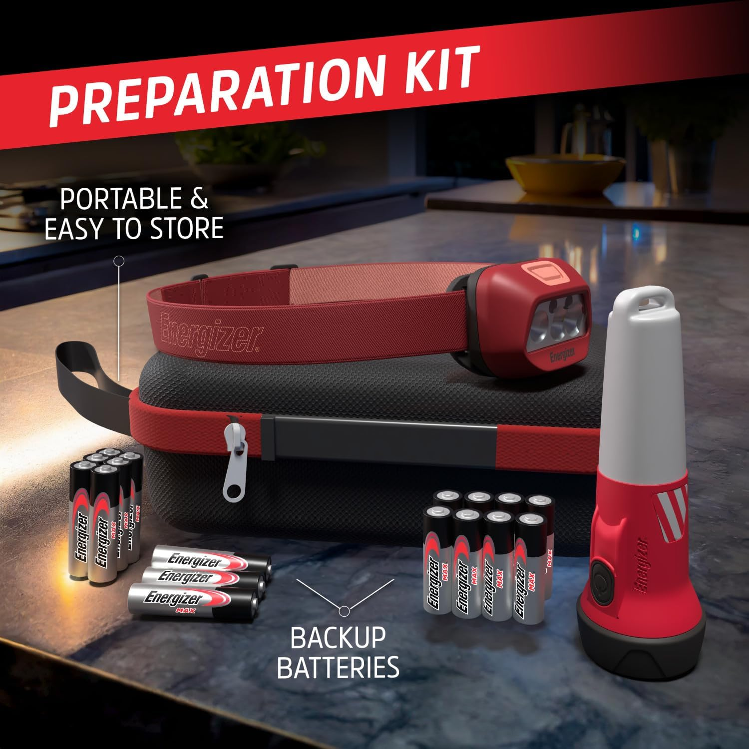 Energizer Preparation Kit, Power Outage Kit with 2-In-1 LED Flashlight-Lantern Combo (90 Lumens), LED Headlamp (325 Lumens), Backup Batteries, and Storage Case image number 2