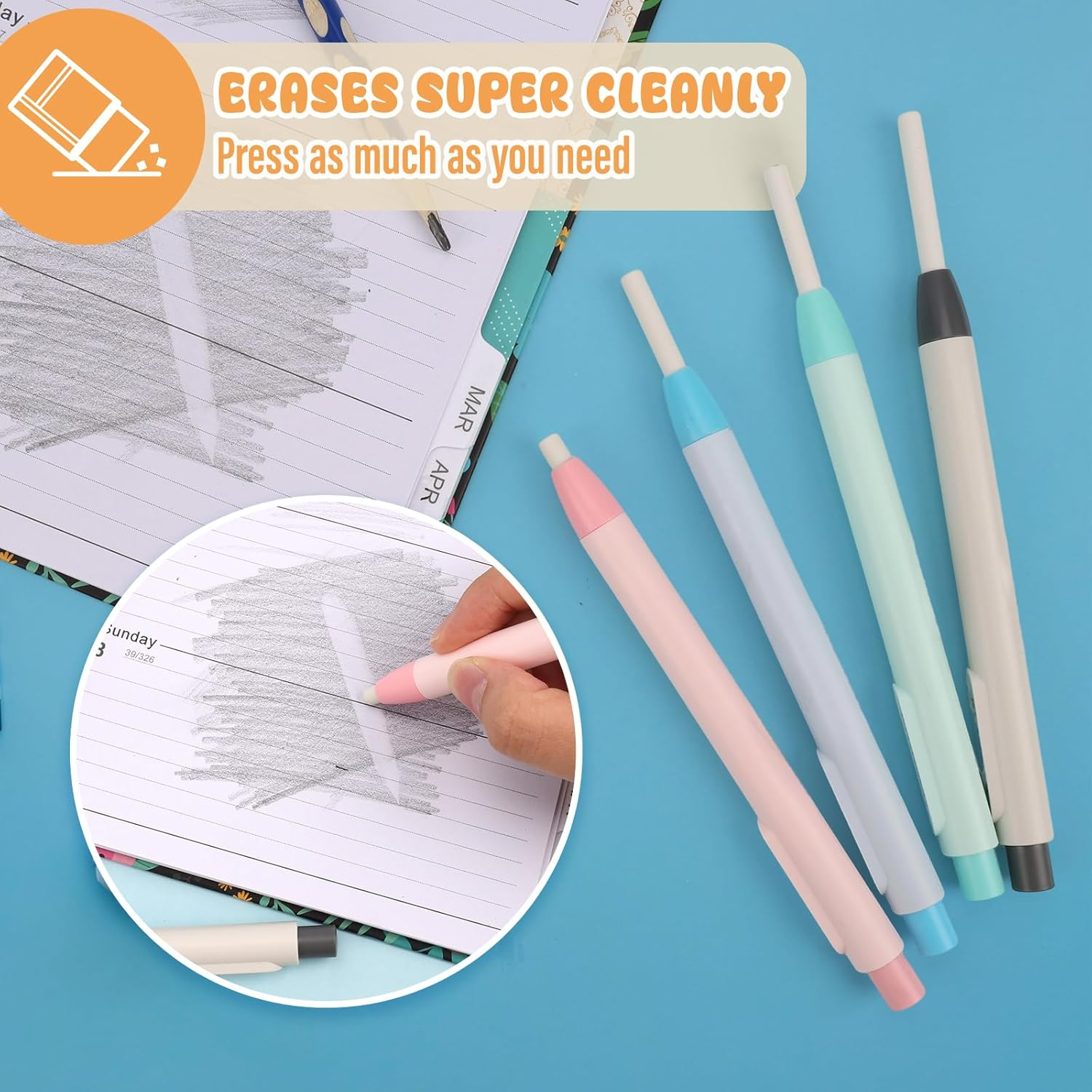 Viiotu Retractable Pen Style Eraser 4 Pack, Refillable Eraser Pen,Push Design Pencil Eraser for Kids,Great School Present for Children and Offices image number 3