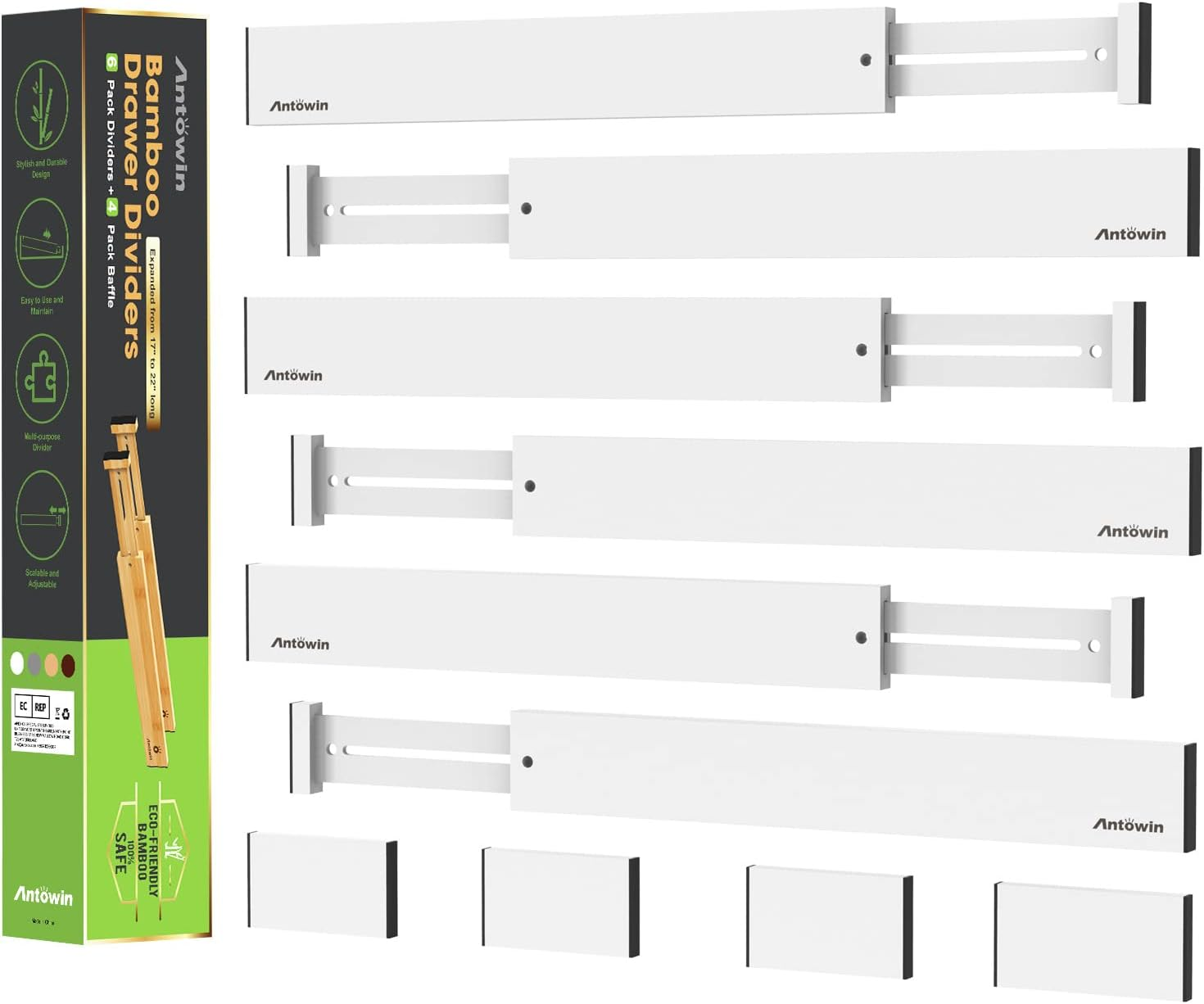 ANTOWIN Bamboo Drawer Dividers(43-56Cm), Expandable Drawer Separators Splitter, Adjustable Spring-Loaded Organizer for Large Utensil, Clothes, Tools Drawers, 10 Pack