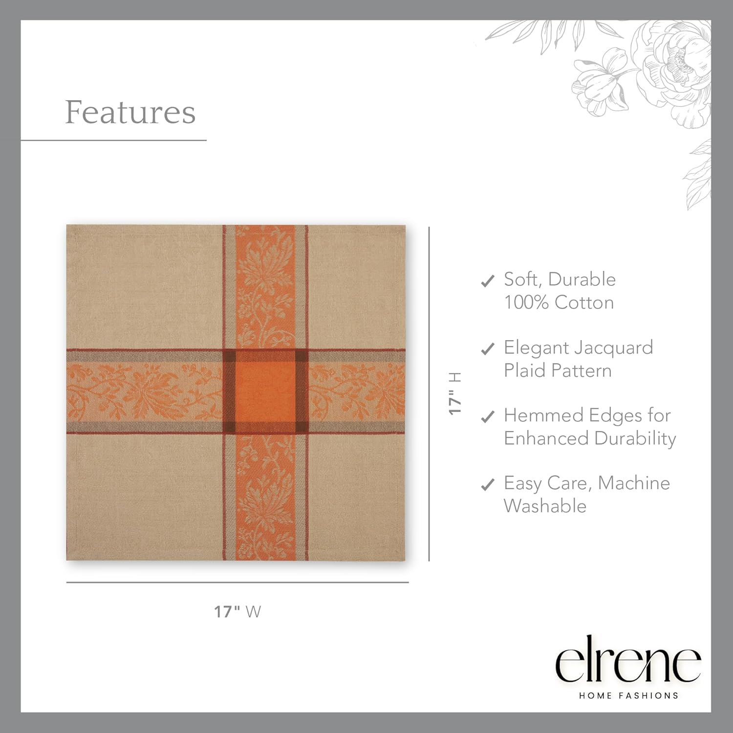 Elrene Home Fashions Autumnal Harvest Jacquard Napkins, Set of 8, 17"X17" image number 6