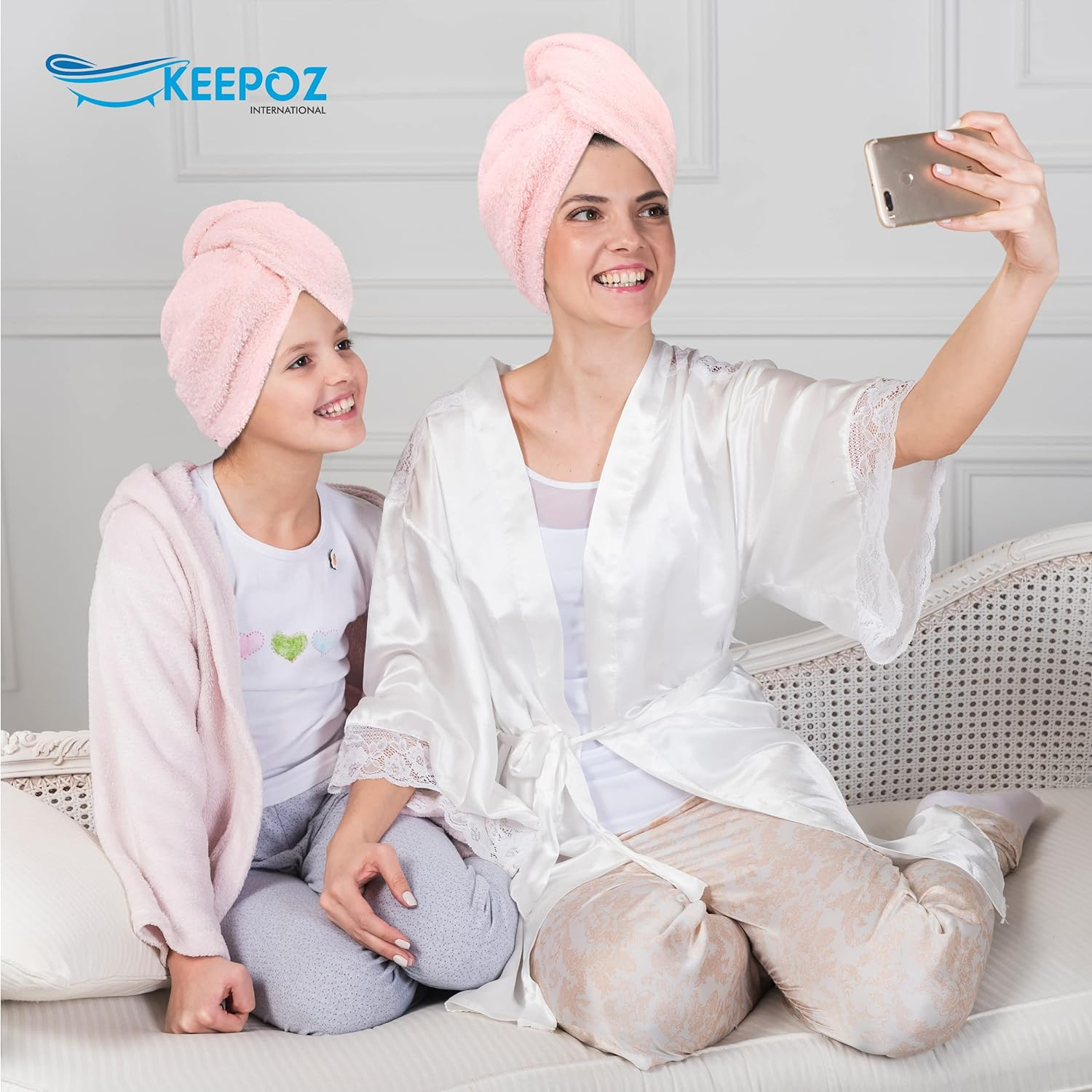 KEEPOZ Hair Towel Wrap Quick Dry 100% Cotton Super Absorbent Turban Head Wrap for Women with Button, Non Microfiber anti Frizz Hair Products, Hair Cap for Curly, Long & Thick Hair (Pink, 1 Pc) - Grey Check image number 2