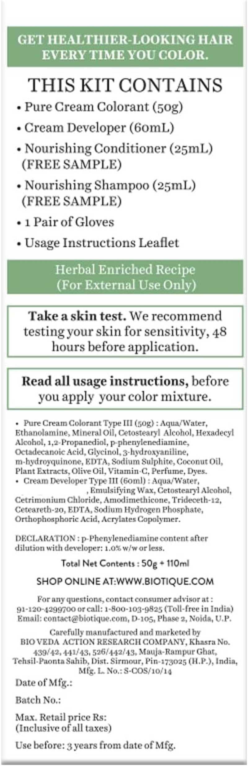BIOTIQUE HERBCOLOR Black Hair Color NO AMMONIA 1N NATURAL BLACK 50Gm + 110Ml image number 3