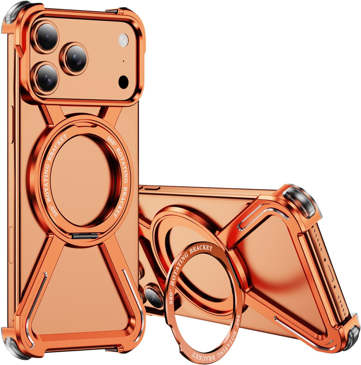 IMEIKONST Case for Iphone 17 Pro Max with 360&deg; Spin Magnetic Stand, [Compatible with Magsafe] Titanium Metal Frameless Military-Grade Drop Protection Cover for Iphone 17 Pro Max. Orange THJ