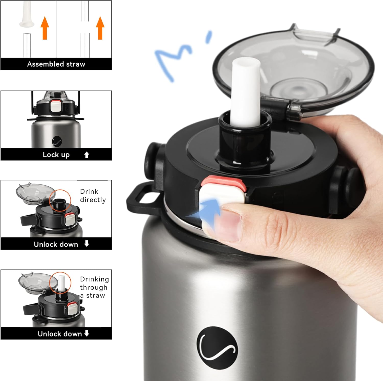 SANTECO 1.2L Vacuum Insulated Sports Water Bottle &ndash; Detachable Shoulder Strap, Leakproof, Keeps Hot 12H/Cold 24H, Wide Mouth with Straw (Silver, Stylish Design for Sports Drinks) - Steel image number 5