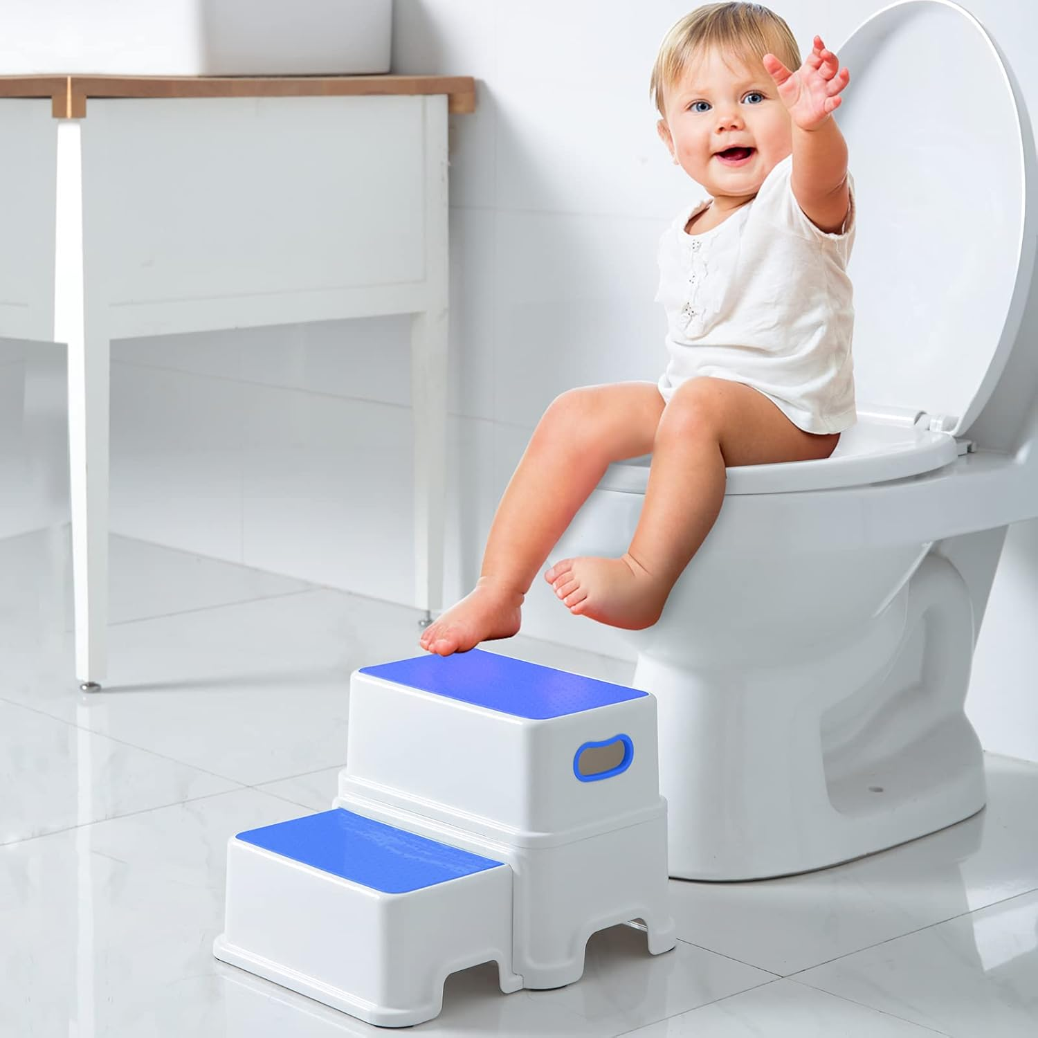 Victostar 2 Step Stool for Kids, Anti-Slip Sturdy Toddler Two Step Stool for Toilet Potty Training, Bathroom,Kitchen (Blue) - Brilliant Green image number 7