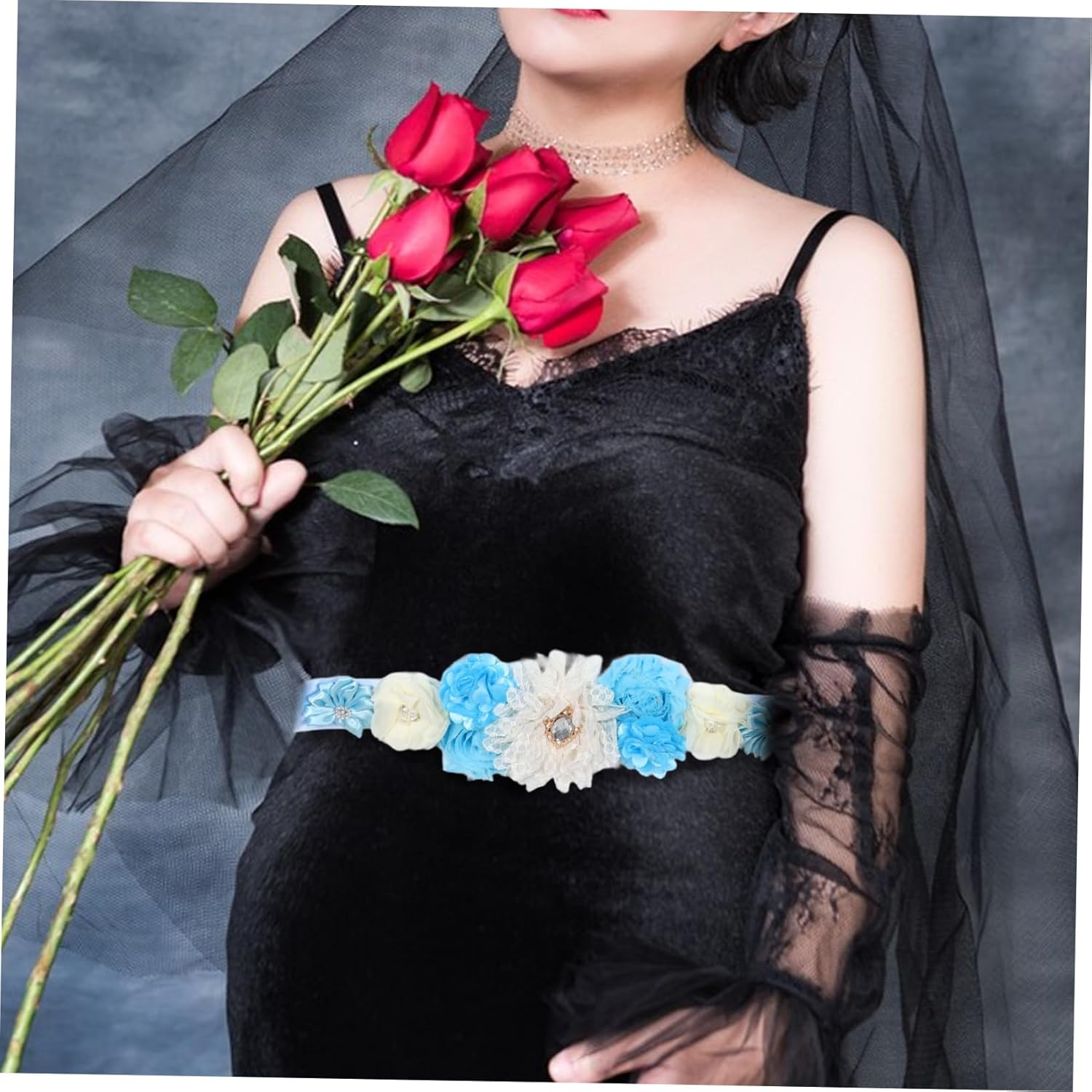 2Pcs Maternity Daisy Flower Sash Belt for Women Elegant Waist Support for Showers and Maternity Photoshoots Rhinestones - Beige image number 4
