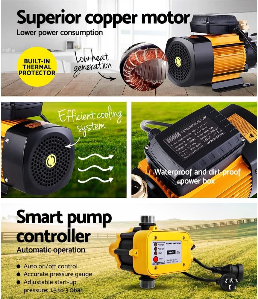 Giantz Water Pump, 2000W Max. Electric High Pressure Garden Pumps Controller Irrigation for Pool Pond Rain Tank Home Farm Clean, Multi Stage Fully Automatic Anti-Rust Black Yellow image number 1