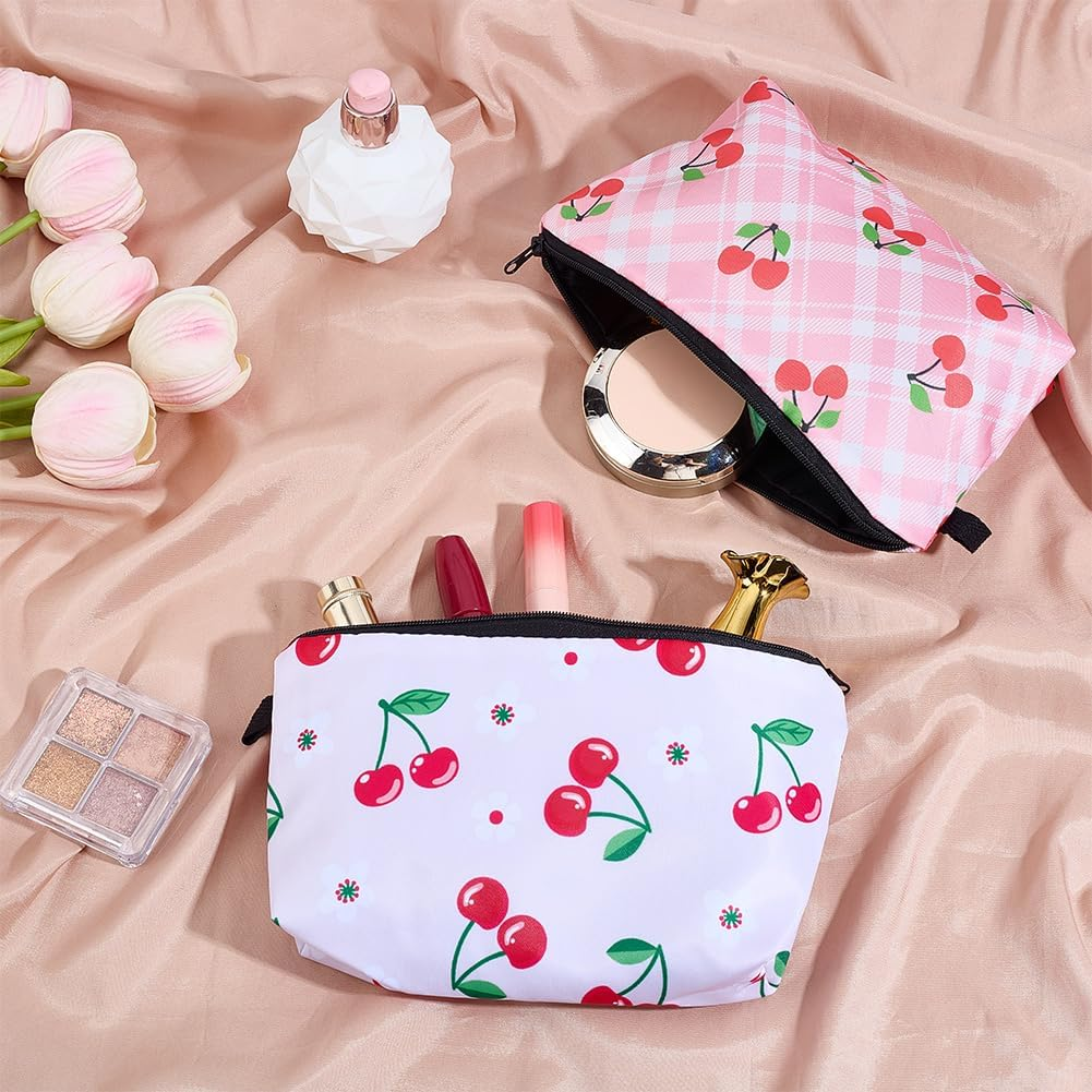 PLIGREAT 2 Styles Cherry Make up Bags Aesthetic Cosmetic Bags Organiser Small Makeup Bags for Women Cherry Motif Portable Zip Pocket Pink Storage of Toiletries image number 3
