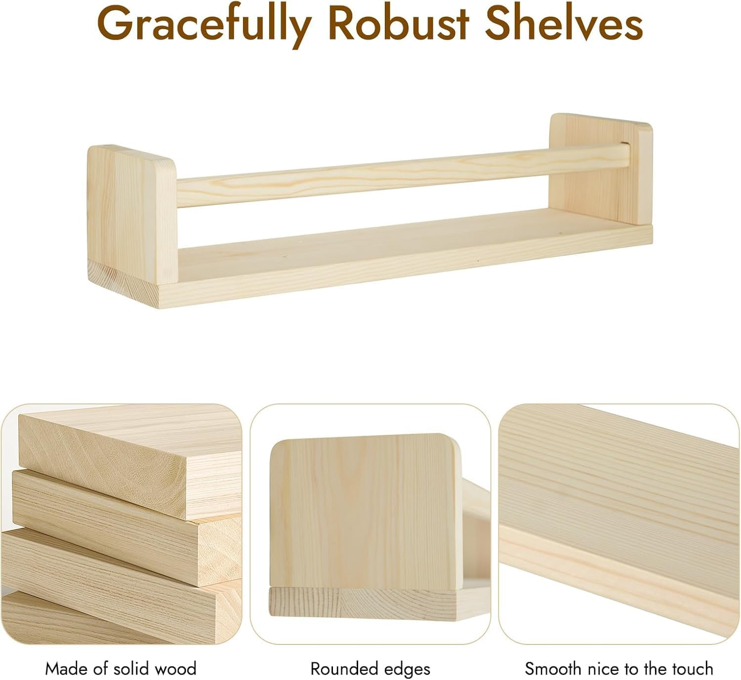 Dxzephious Nursery Bookshelves,40 Cm Floating Bookshelves for Wall Set of 2, Wood Wall Mounted Floating Shelves for Baby Nursery Decor and Toys Storage (40Cm -Set of 2) - 80Cm -Set Of 3 image number 6