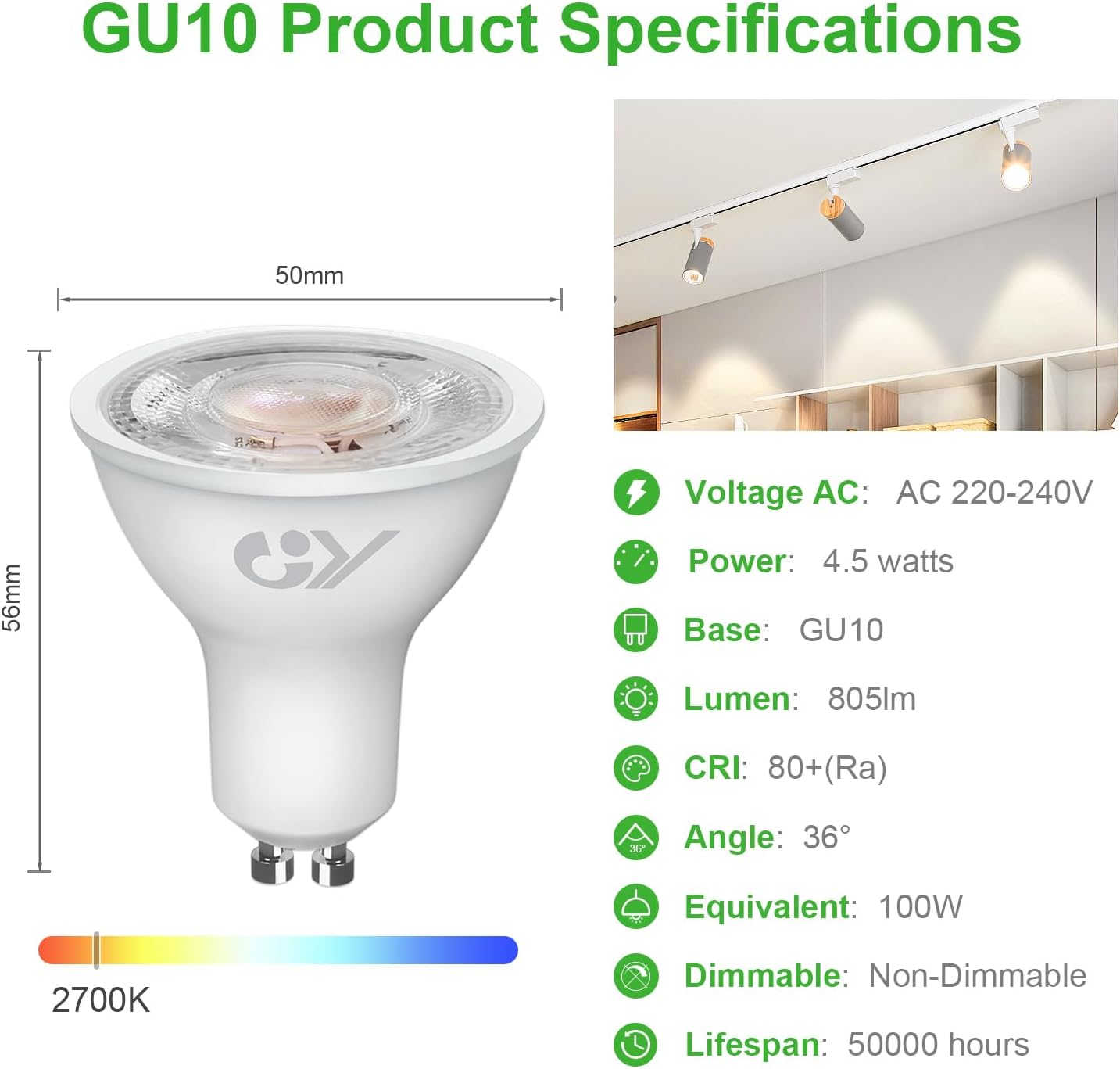 GY GU10 LED Bulb Warm White 4.5W 2700K Warm White 36&deg; Beam Angle Non-Dimmable Energy Saving Bulbs, Pack of 12 image number 2