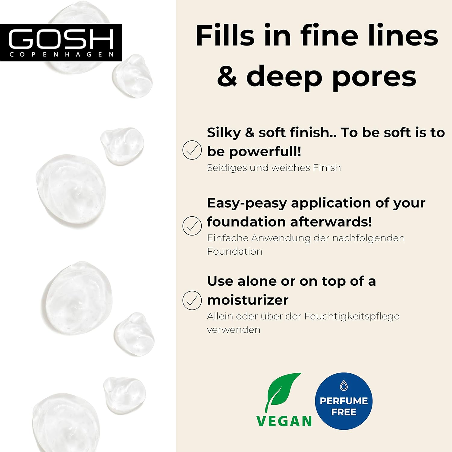 GOSH Velvet Touch Foundation Primer Classic | Nourishing Base for Your Makeup | for Even & Soft Skin for Uneven & Deep Pores | Colourless & Odourless | Vegan & Fragrance Free | 30 Ml image number 3