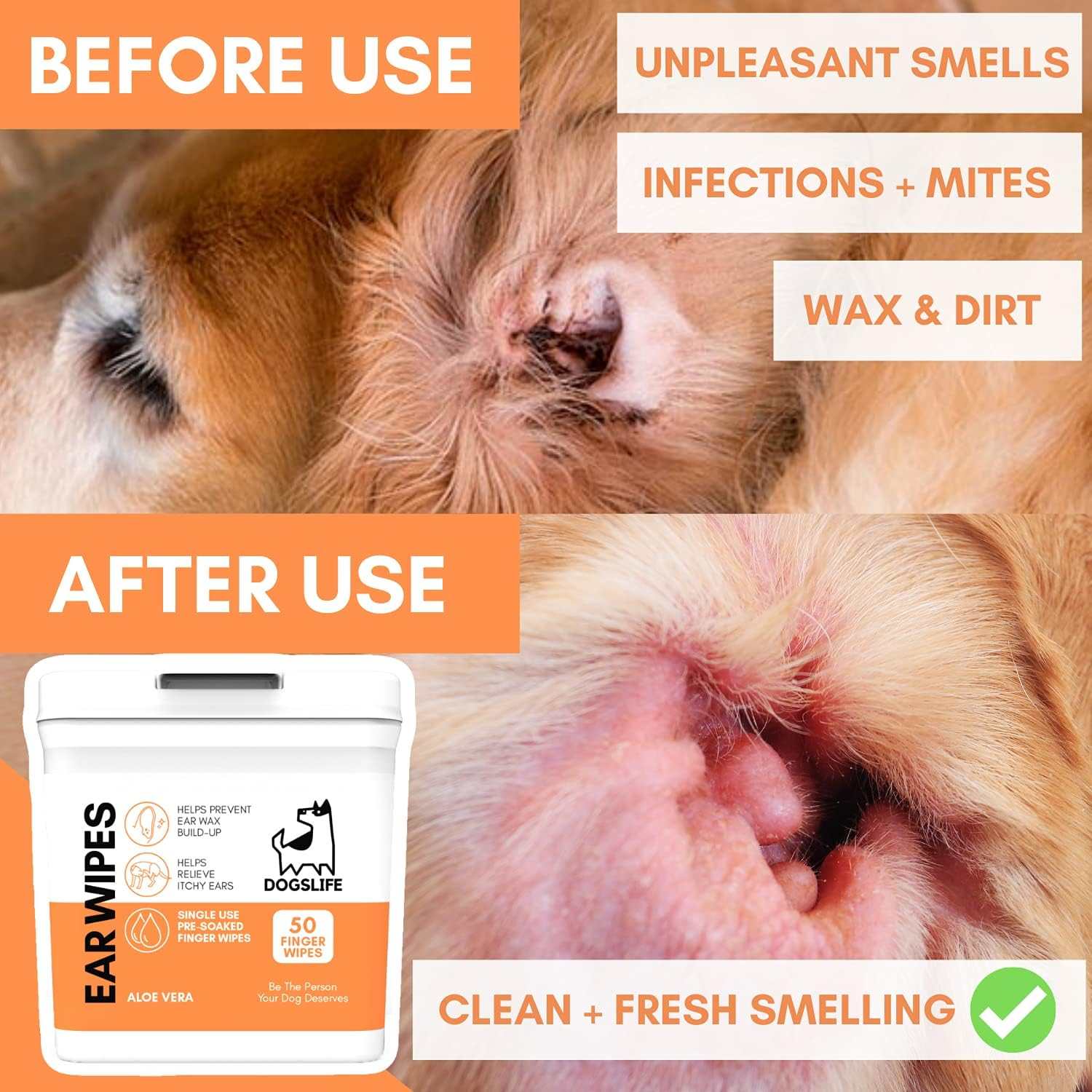 Dog Ear Wipes | Soft, Quick & Easy Ear Wipes for Dogs | Remove Wax, Dirt & Stop Smelly, Itchy Dog Ears | 50 Soothing Aloe Vera Dog Ear Cleaning Finger Wipes! image number 1