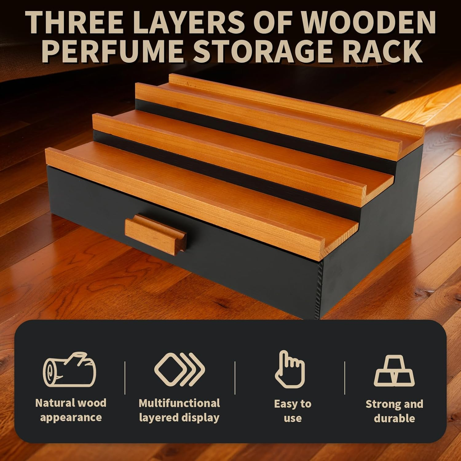 3-Tiers Wood Display Risers Stand, Perfume Storage Display Stand, Versatile Cologne Shelf with Drawer, Elegant Perfume Organizer Steady Cologne Organizer for Home Bedroom (B Set) - B Set image number 2