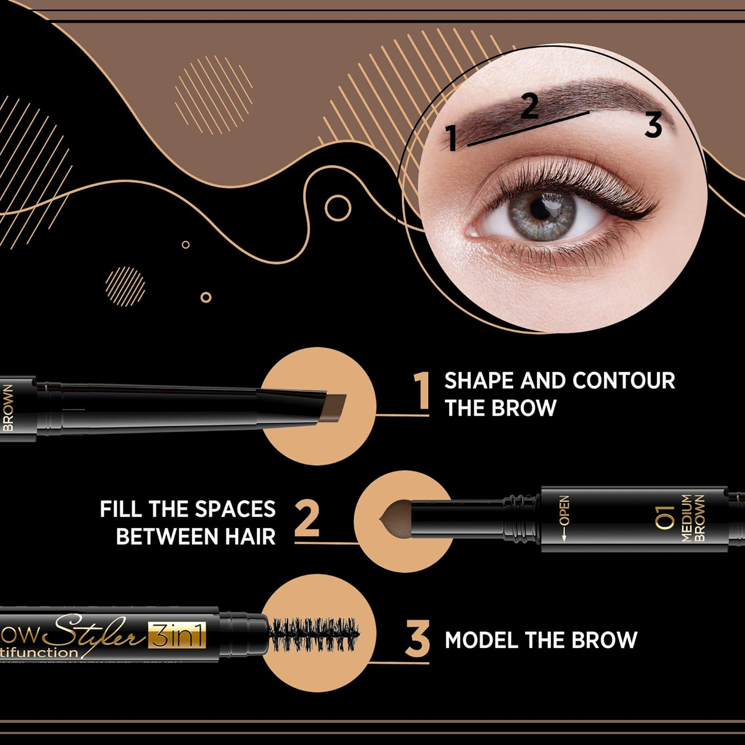 Eveline Cosmetics Brow Styler 3-In-1 Durable Multifunctional Eyebrow Pen | Medium Brown Eyebrow Make up | Precision Brush | Natural Effect | Powder with Applicator image number 1