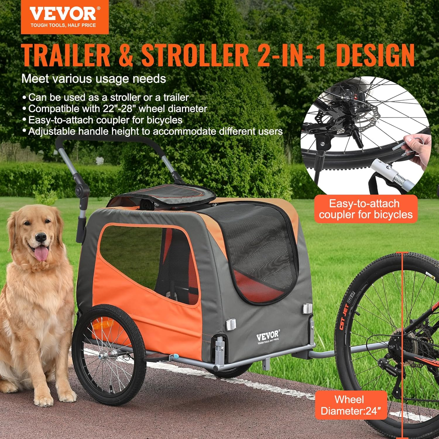VEVOR Dog Bike Trailer, Supports up to 66/88/100 Lbs, 2-In-1 Pet Stroller Cart Bicycle Carrier, Easy Folding Cart Frame with Quick Release Wheels, Universal Bicycle Coupler, Reflectors, Flag image number 3