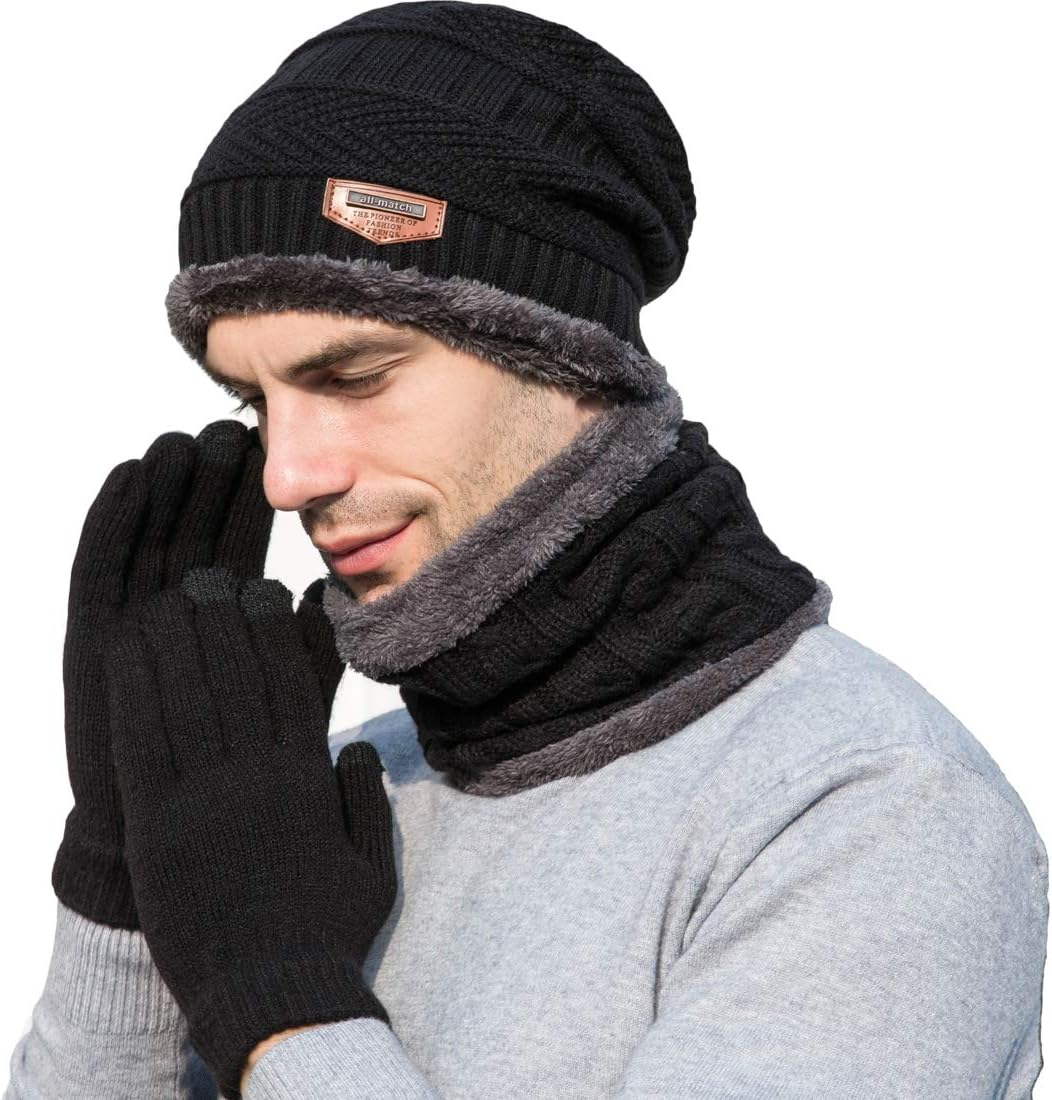 T WILKER Beanie Hat Scarf and Touchscreen Gloves Set for Men & Women Stretch Warm Fleece Lining Cap(2Pcs / 3Pcs)