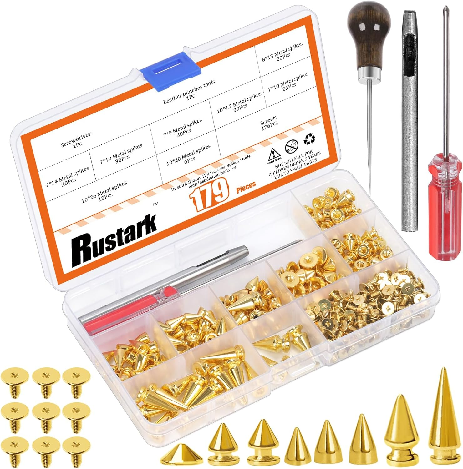 179Pcs 8 Sizes Antique Bronze Metal Punk Spikes and Studs Assortment Kit with Tools, Punk Rivet Studs Rivets Screw Screwback Studs Rivets for Punk Style Clothing Accessories Craft Decoration